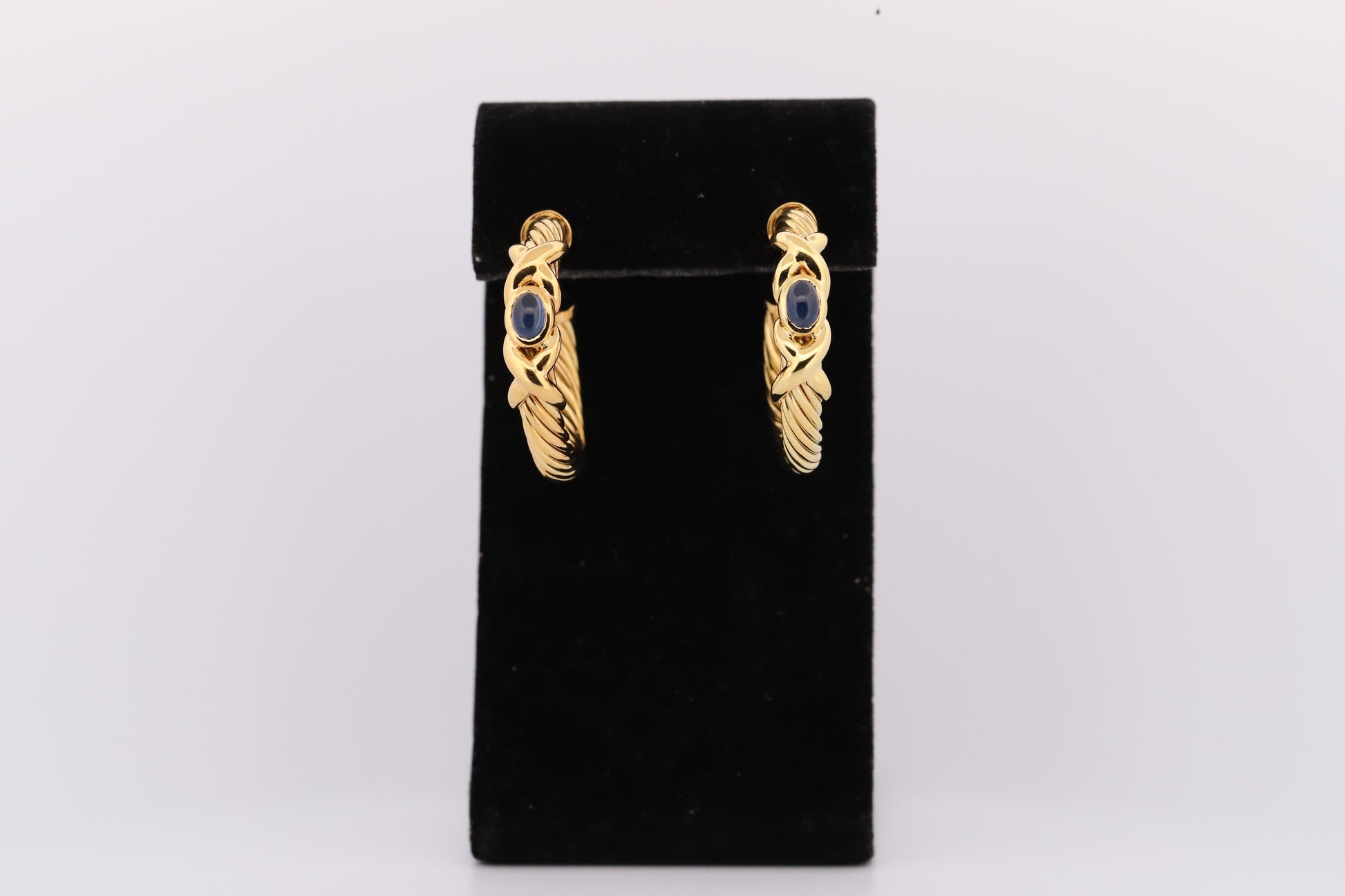 David Yurman 18K Gold Braided Rope Hoop Earrings w/Sapphires