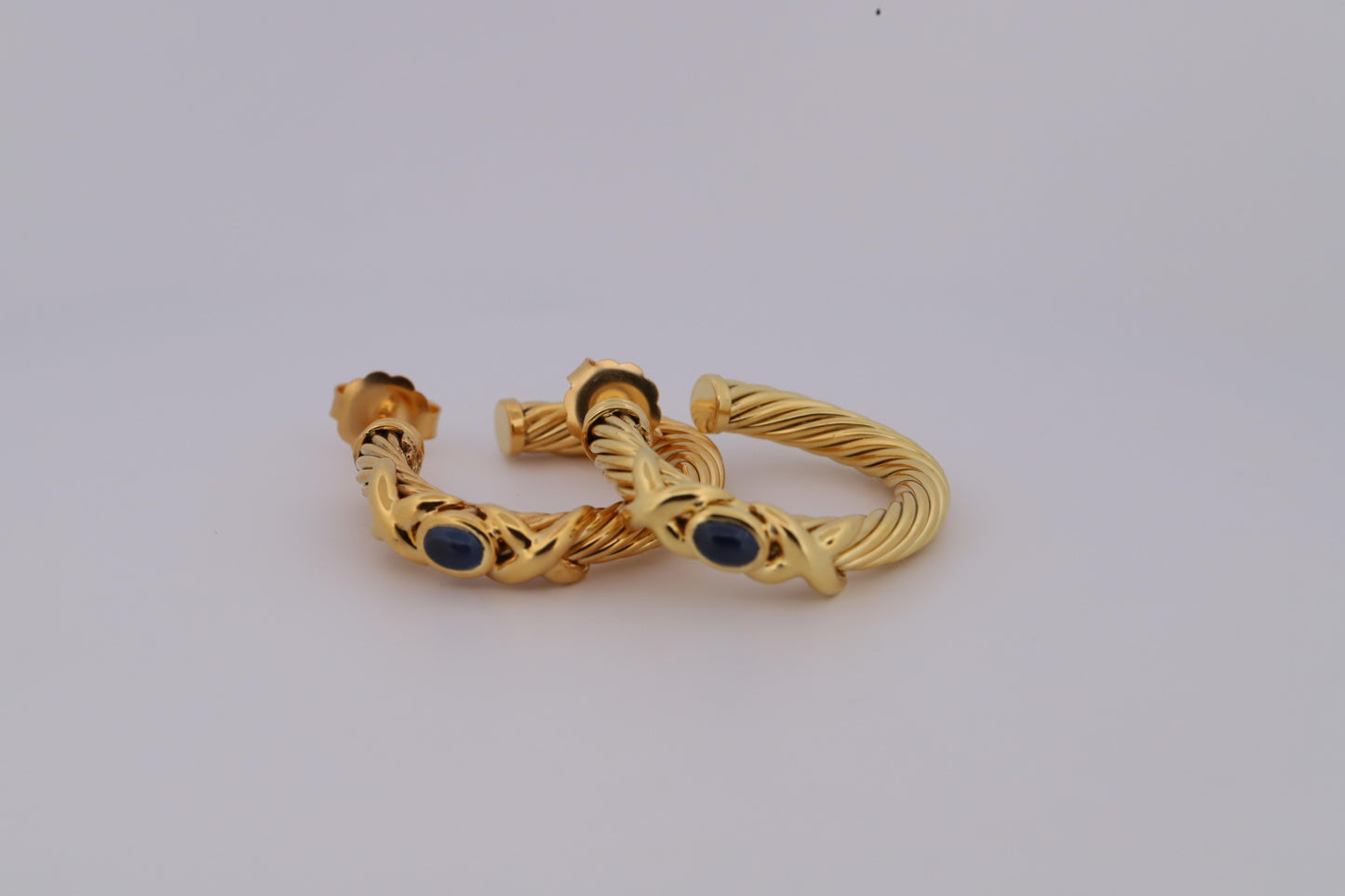 David Yurman 18K Gold Braided Rope Hoop Earrings w/Sapphires