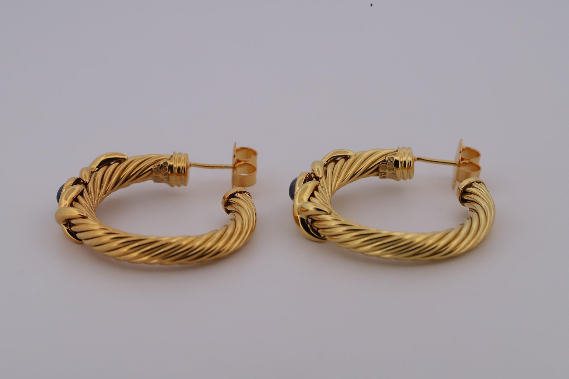 David Yurman 18K Gold Braided Rope Hoop Earrings w/Sapphires