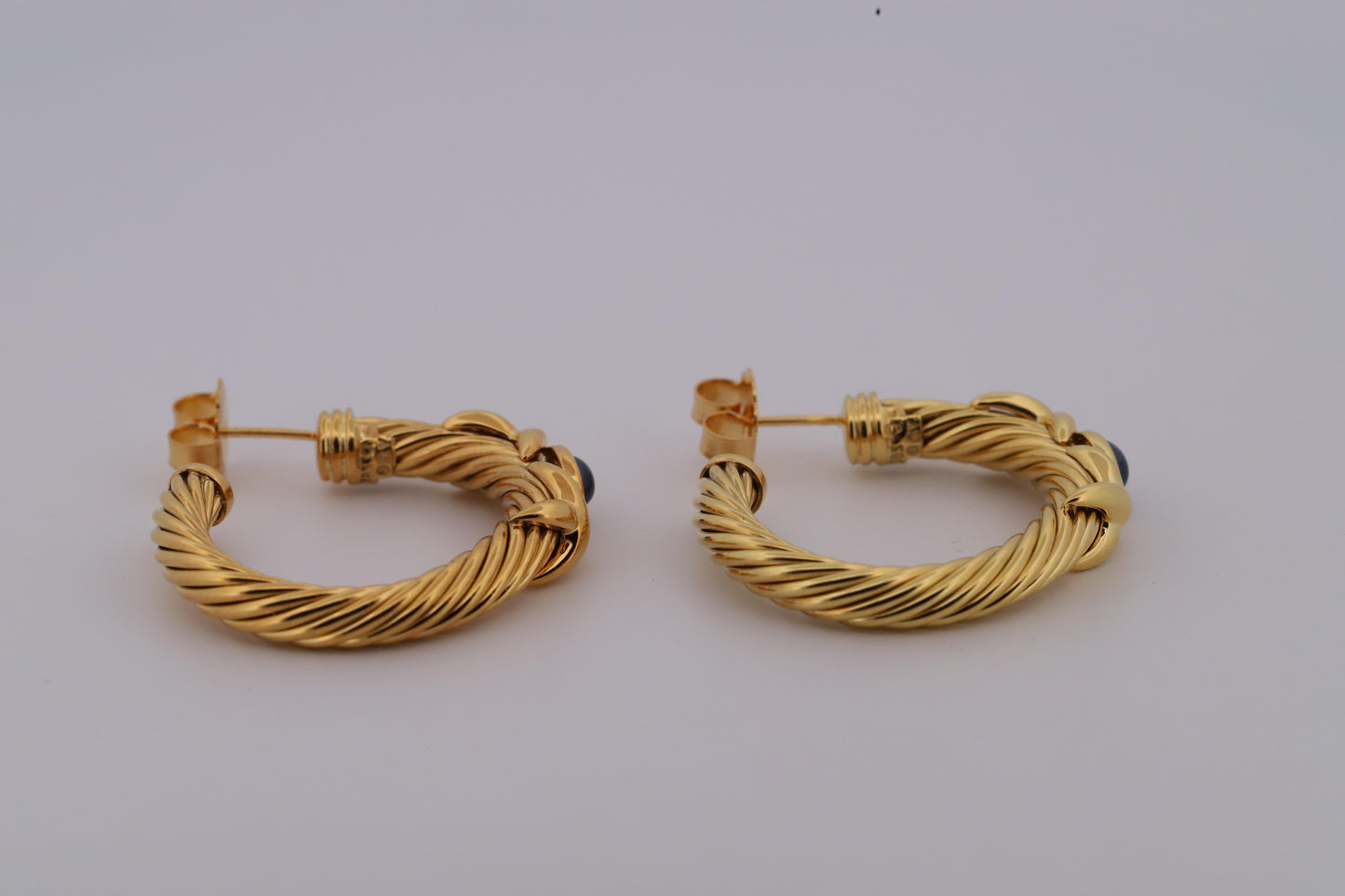 David Yurman 18K Gold Braided Rope Hoop Earrings w/Sapphires