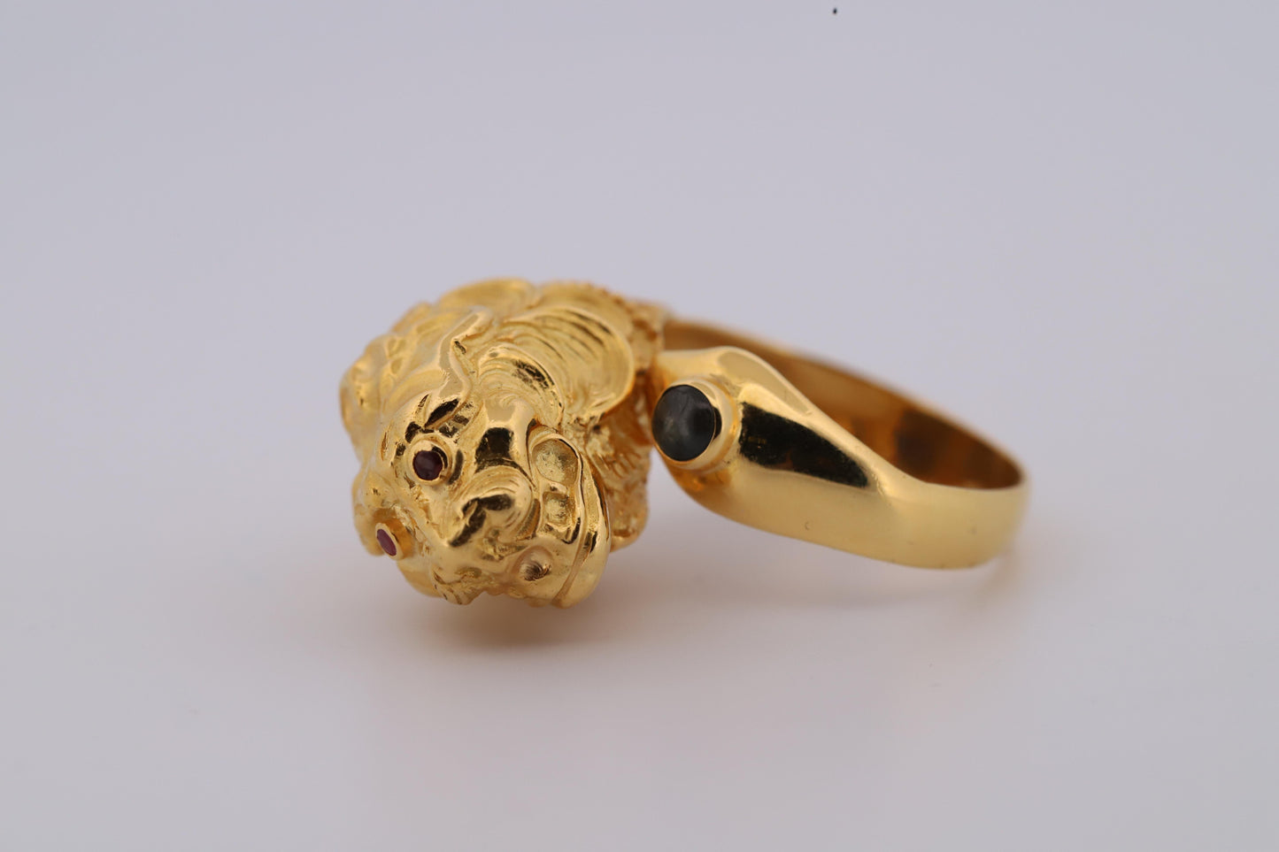 Vintage 18K Lion Ring with Ruby Eyes and Sapphire Accent, Handcrafted