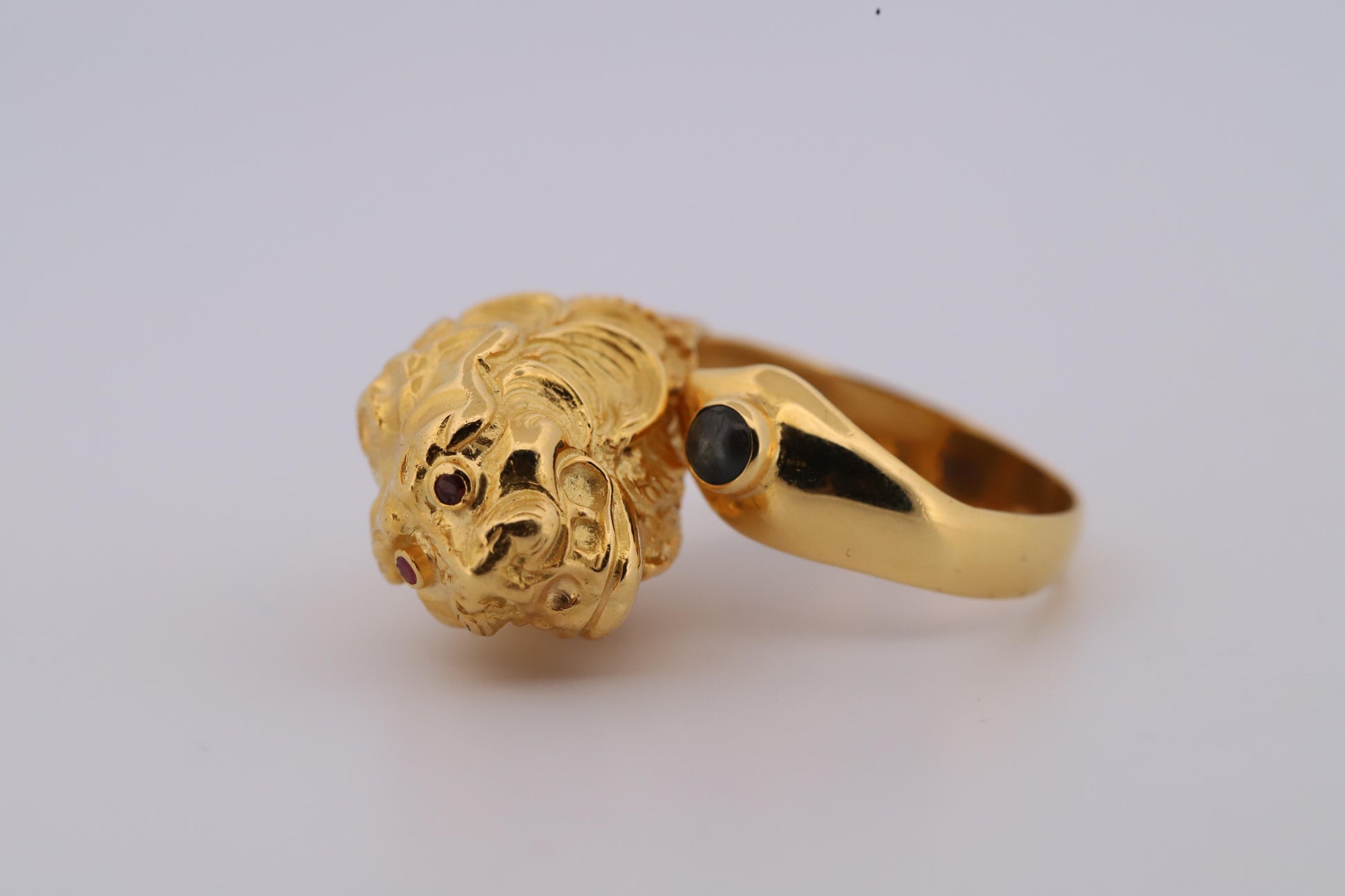 Vintage 18K Lion Ring with Ruby Eyes and Sapphire Accent, Handcrafted