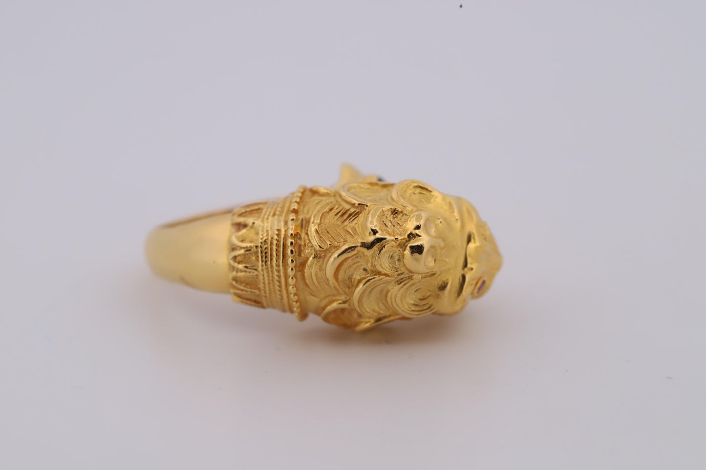 Vintage 18K Lion Ring with Ruby Eyes and Sapphire Accent, Handcrafted
