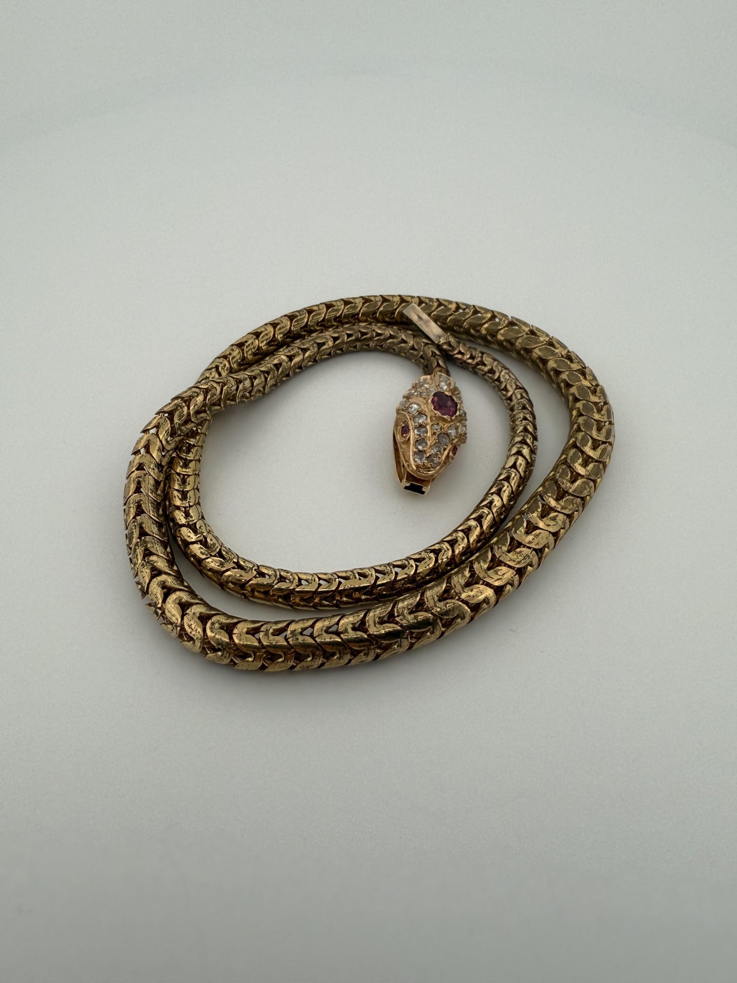 French Vintage 14K Snake Bracelet with Diamonds and Ruby Eyes