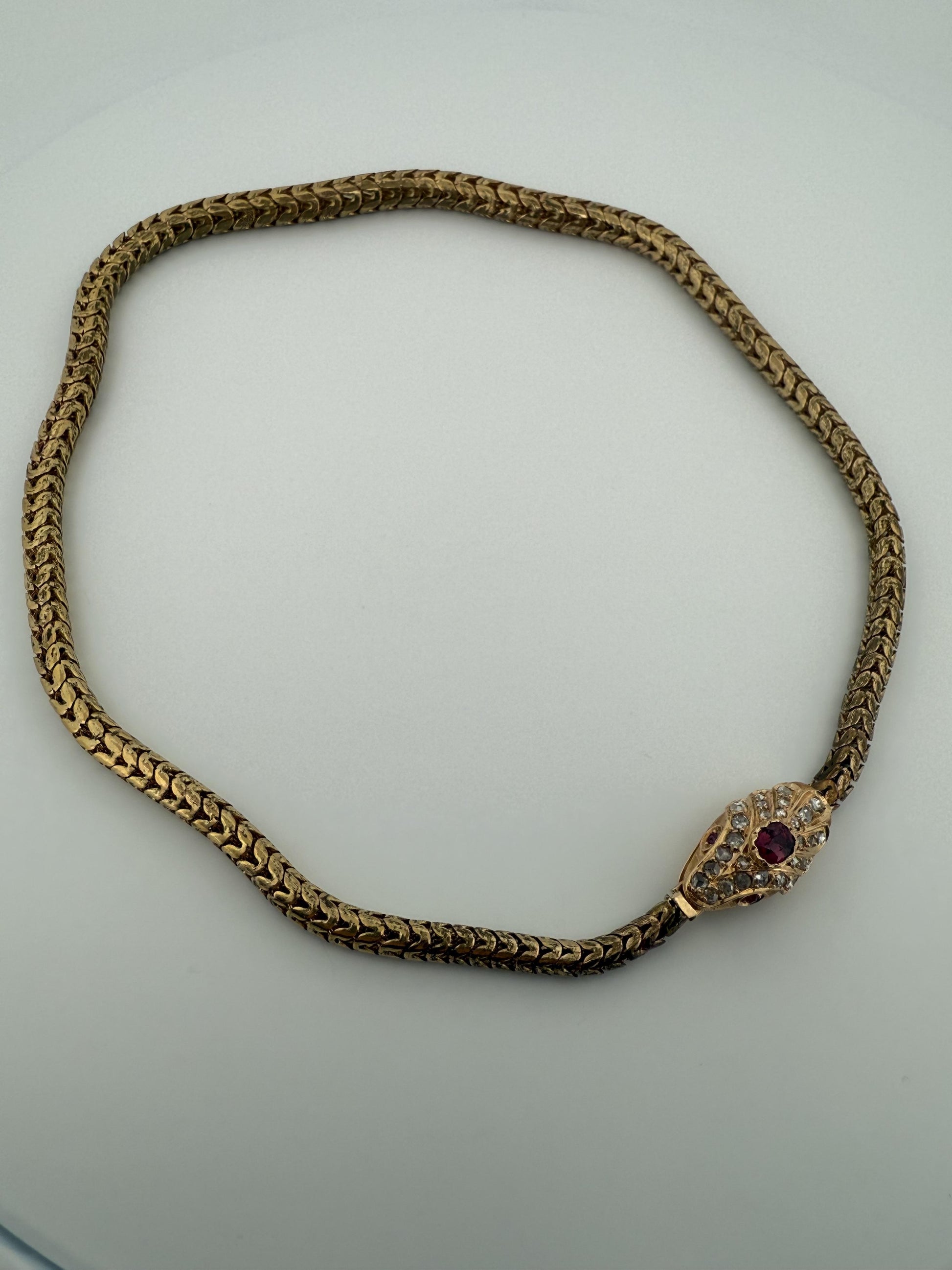 French Vintage 14K Snake Bracelet with Diamonds and Ruby Eyes