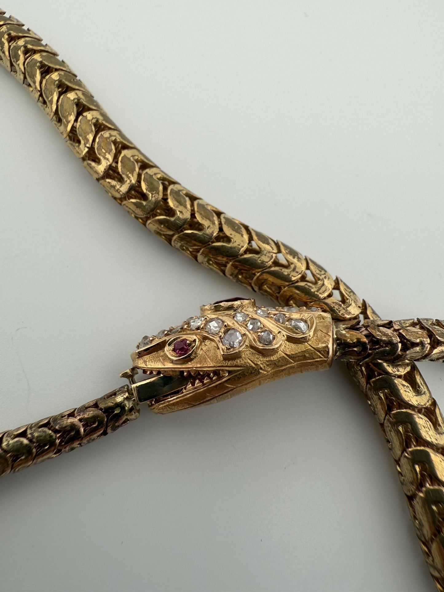 French Vintage 14K Snake Bracelet with Diamonds and Ruby Eyes