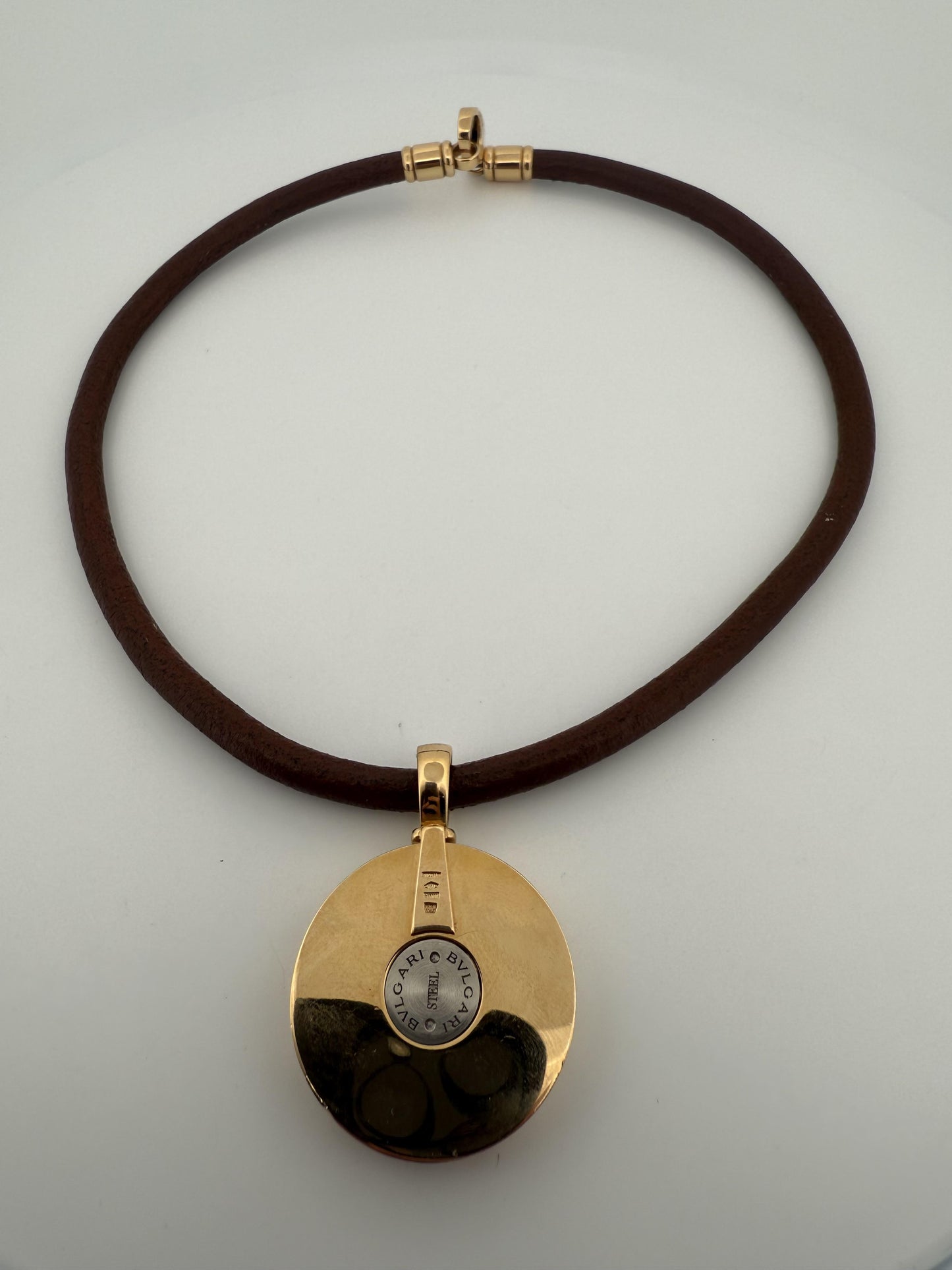 Bulgari Spinning MOP Optical Illusion Pendant w/18K and Leather Necklace