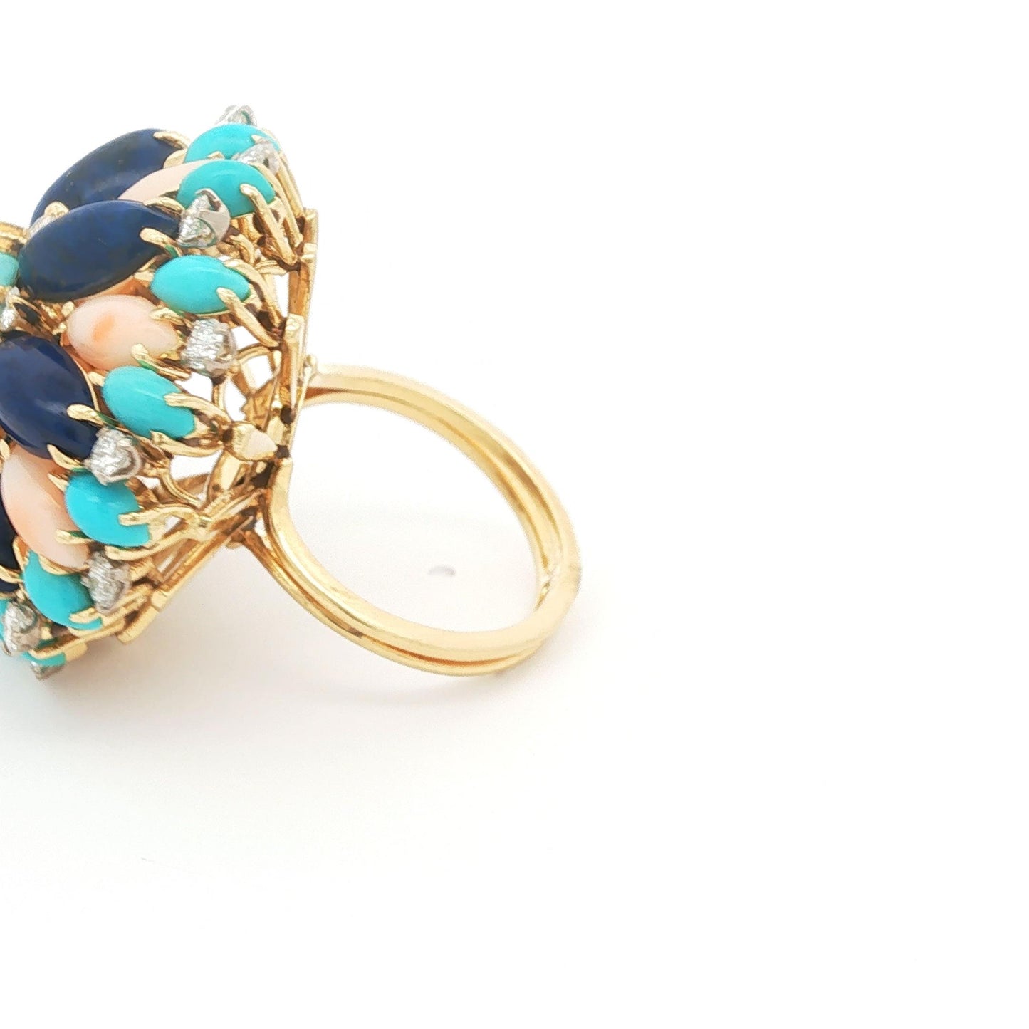 Turquoise, Lapis Lazuli, Coral and Diamond Cluster Ring in 14k Yellow Gold