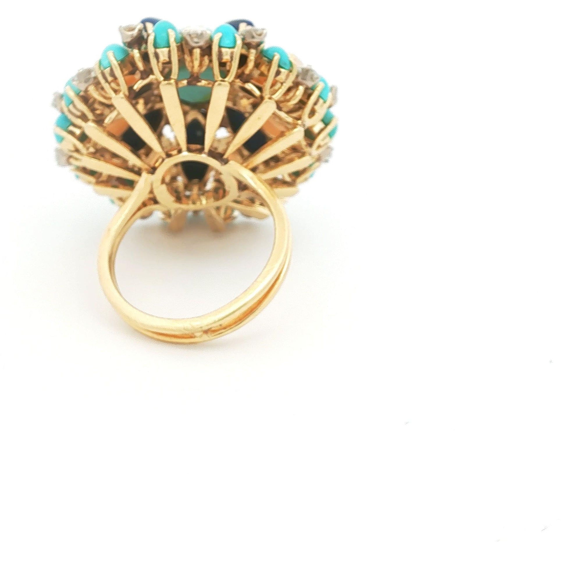 Turquoise, Lapis Lazuli, Coral and Diamond Cluster Ring in 14k Yellow Gold