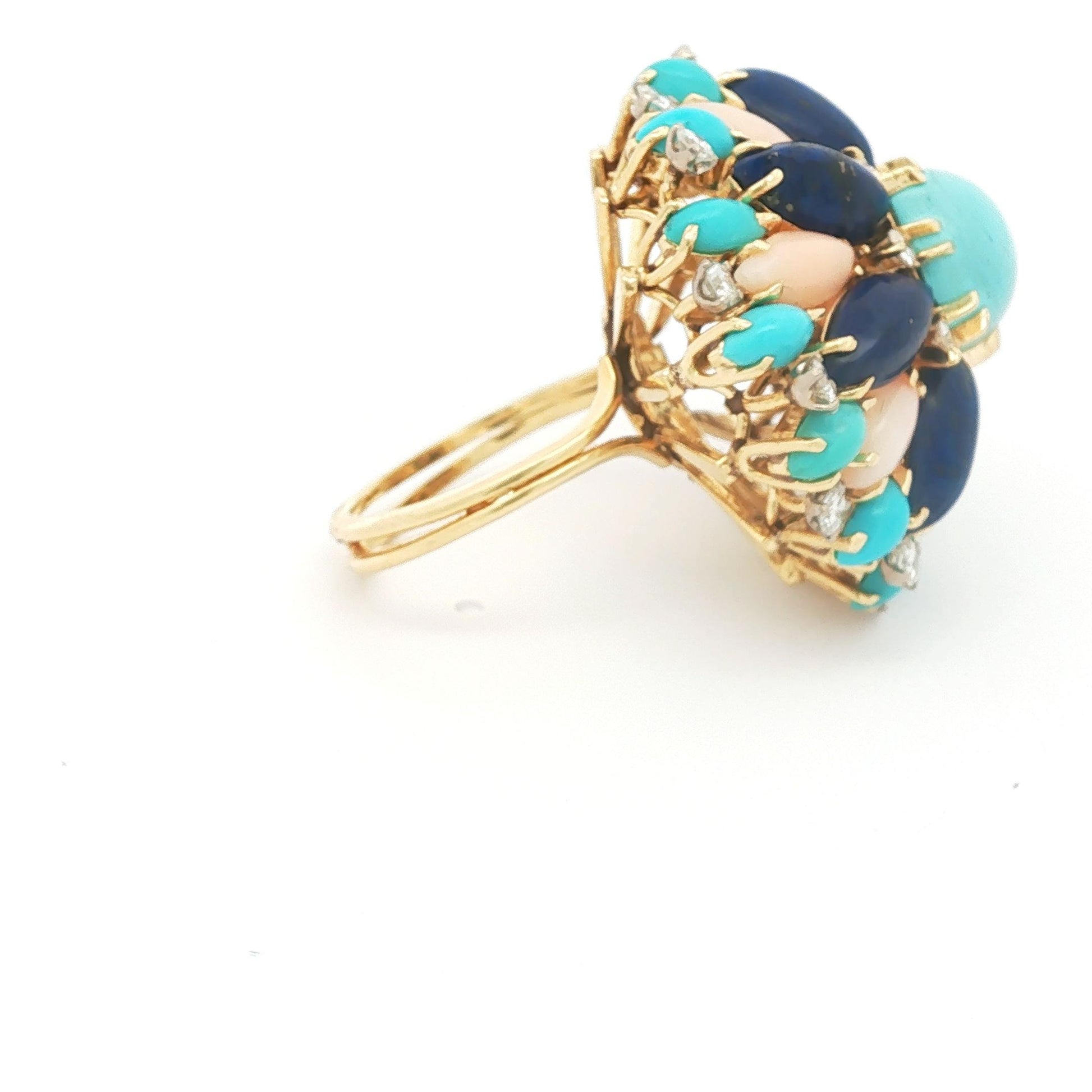 Turquoise, Lapis Lazuli, Coral and Diamond Cluster Ring in 14k Yellow Gold
