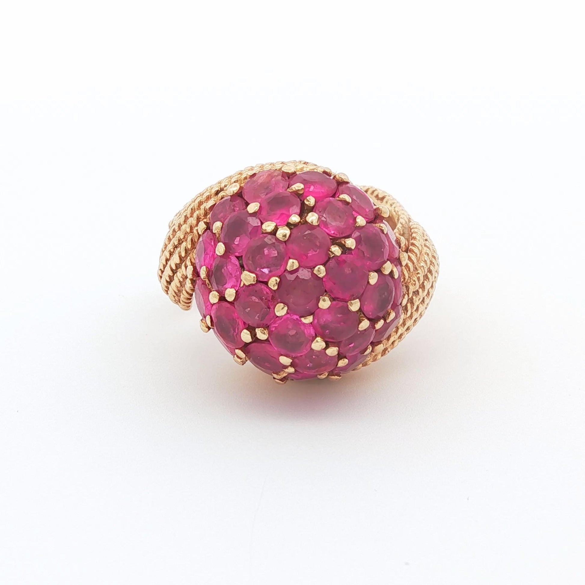 Vintage Ruby Pave Bombe Ring with Twisted Rope Shank, 14K Yellow Gold
