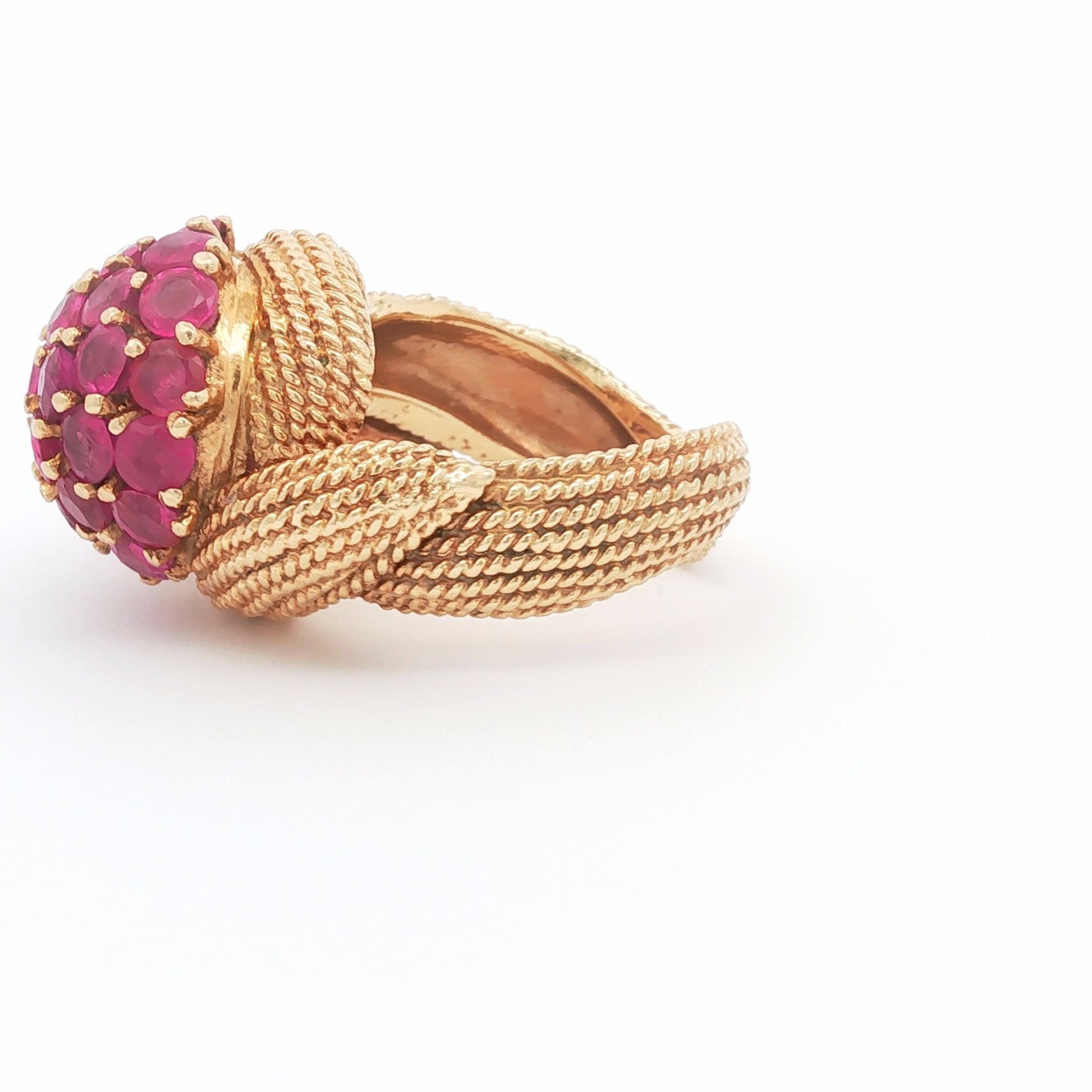 Vintage Ruby Pave Bombe Ring with Twisted Rope Shank, 14K Yellow Gold