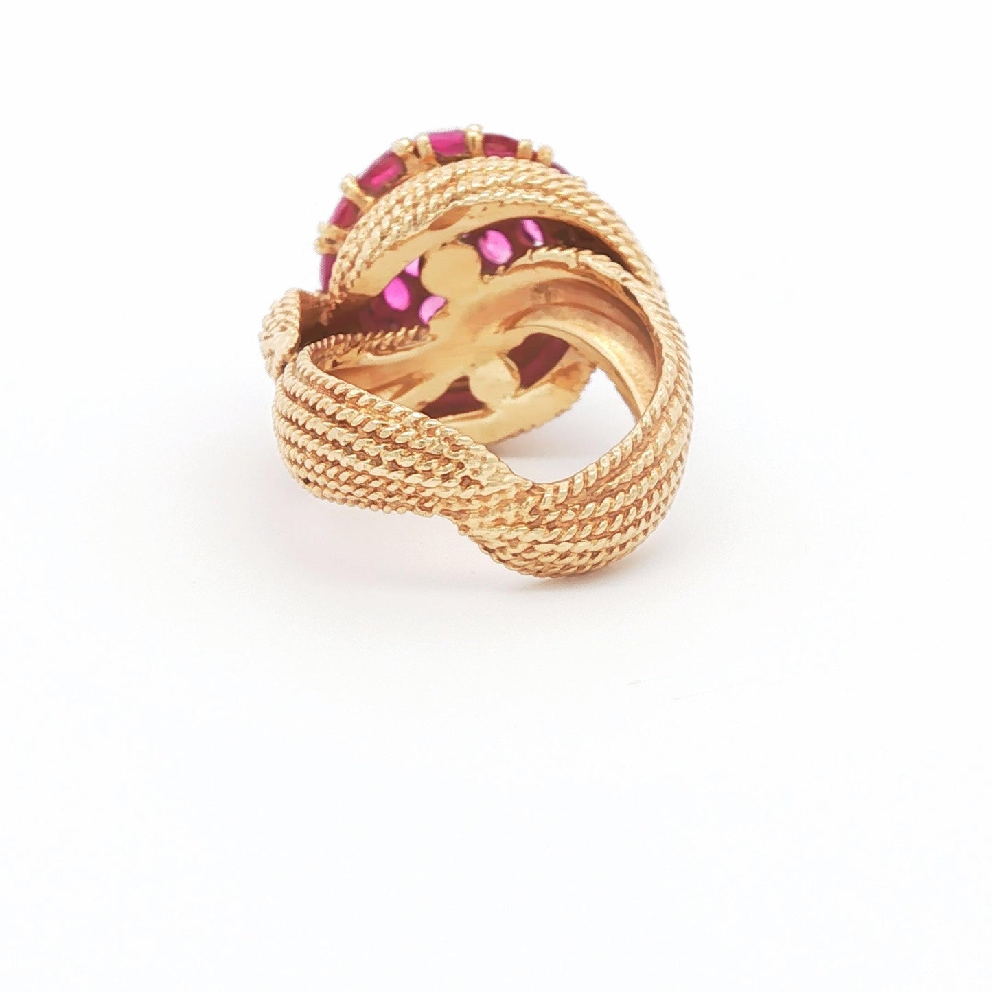 Vintage Ruby Pave Bombe Ring with Twisted Rope Shank, 14K Yellow Gold