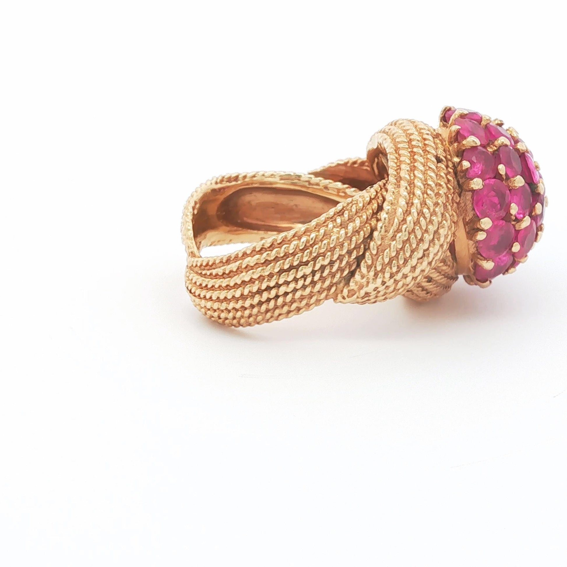 Vintage Ruby Pave Bombe Ring with Twisted Rope Shank, 14K Yellow Gold