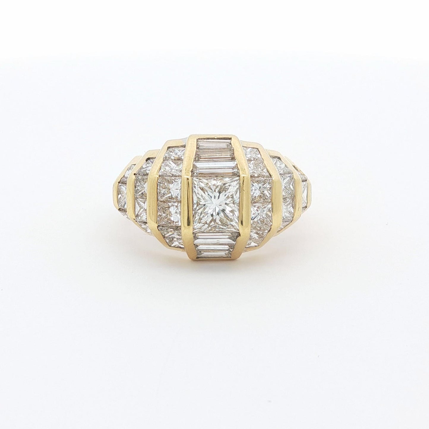 Vintage Princess-Cut and Baguette Diamond Bombé Ring, 18K Yellow Gold