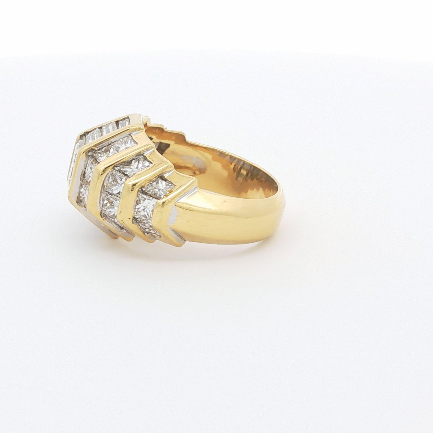 Vintage Princess-Cut and Baguette Diamond Bombé Ring, 18K Yellow Gold