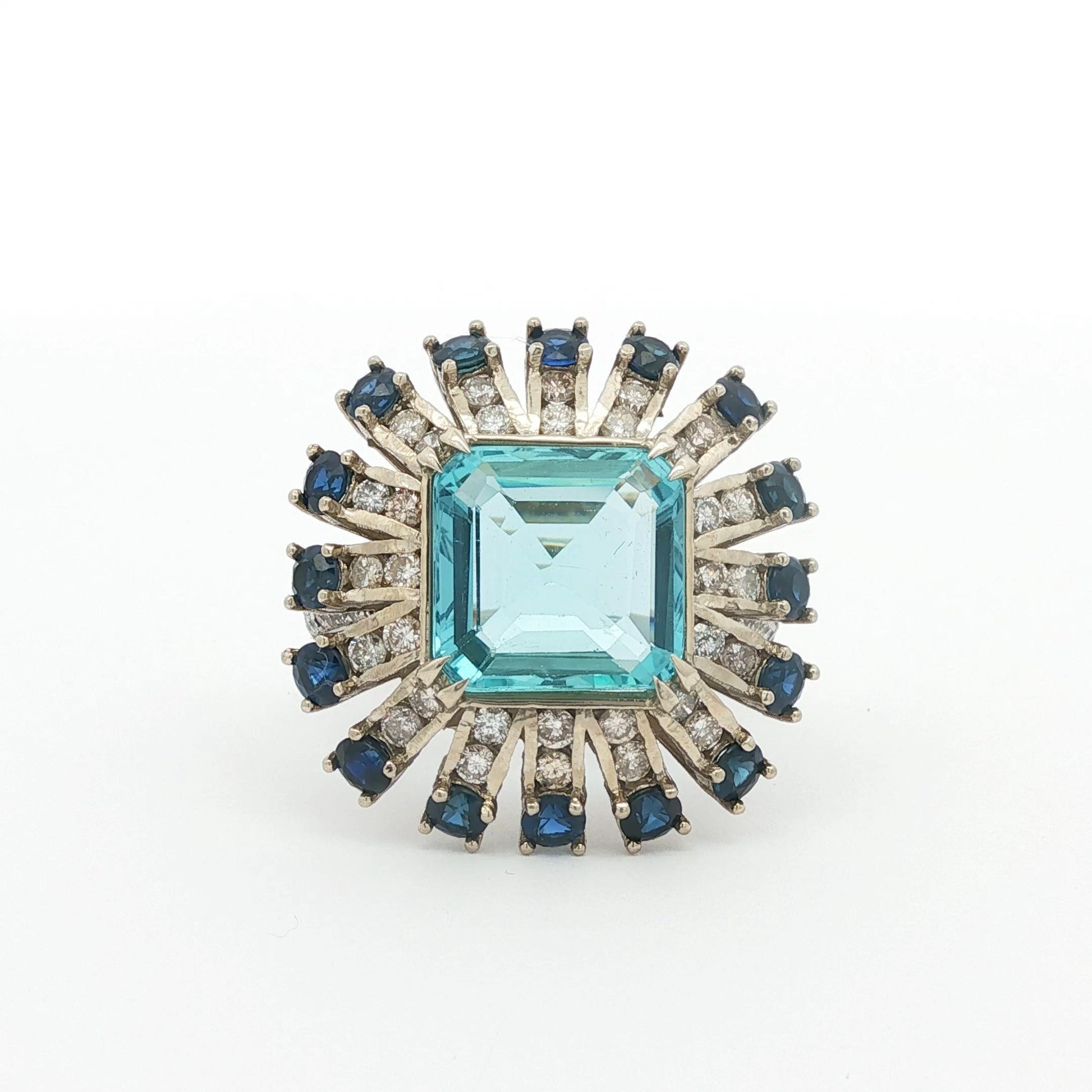 Vintage Aquamarine, Blue Sapphire, and Diamond Ballerina Platinum Ring