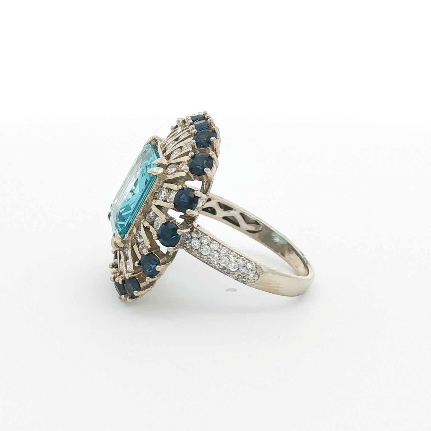Vintage Aquamarine, Blue Sapphire, and Diamond Ballerina Platinum Ring