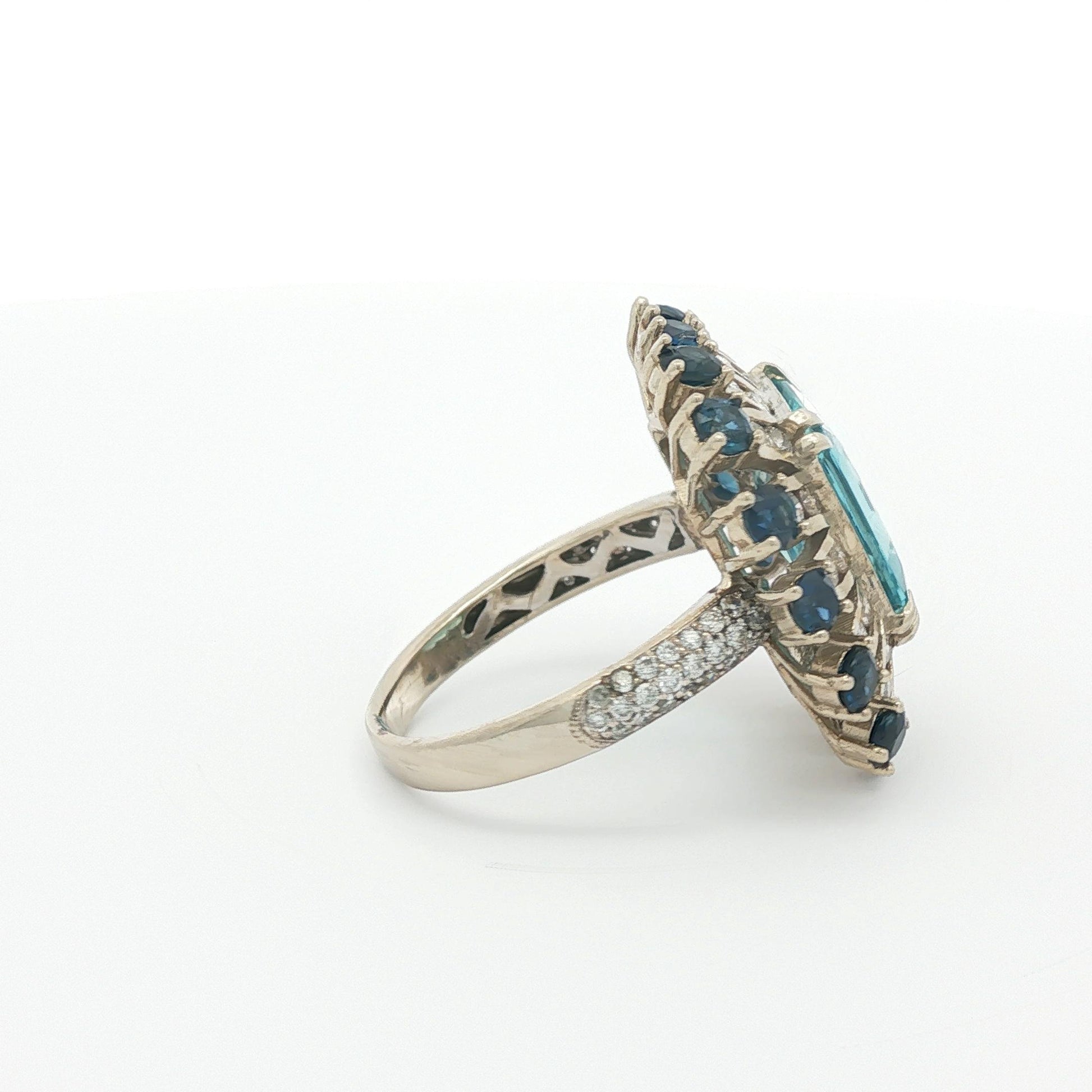 Vintage Aquamarine, Blue Sapphire, and Diamond Ballerina Platinum Ring