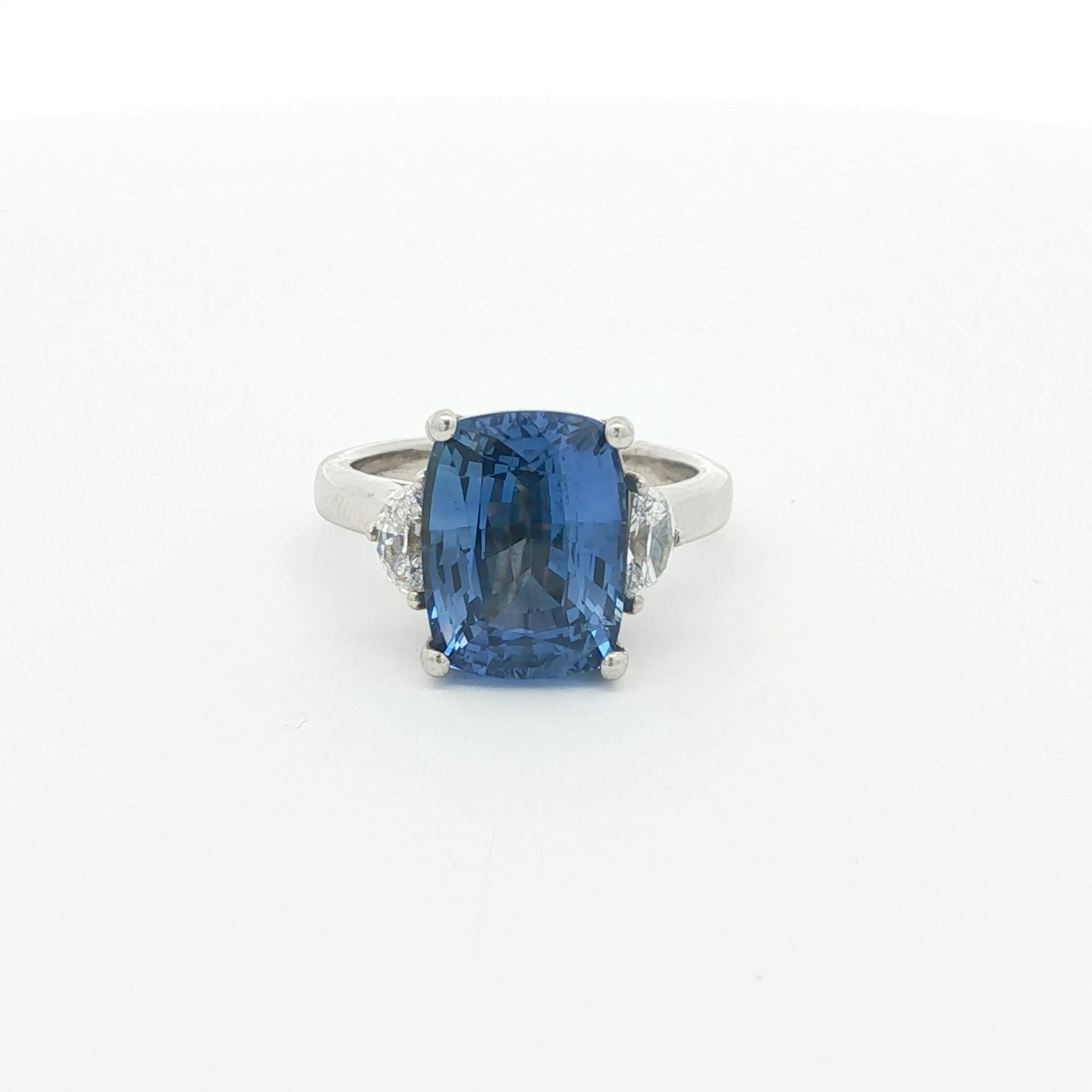 Cushion-Cut Sapphire and Half-Moon Diamond Three-Stone Ring, Platinum