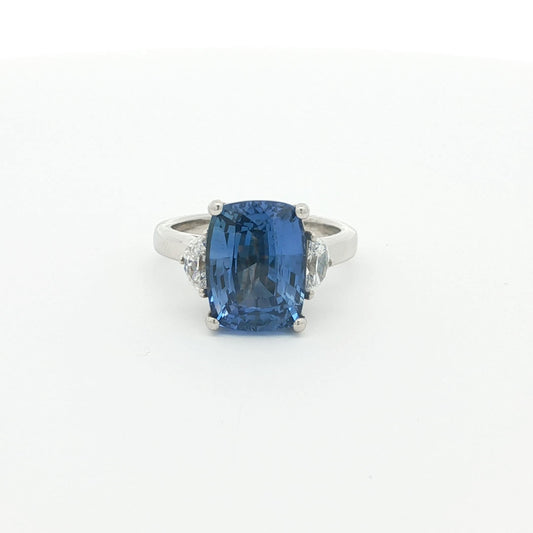 Cushion-Cut Sapphire and Half-Moon Diamond Three-Stone Ring, Platinum