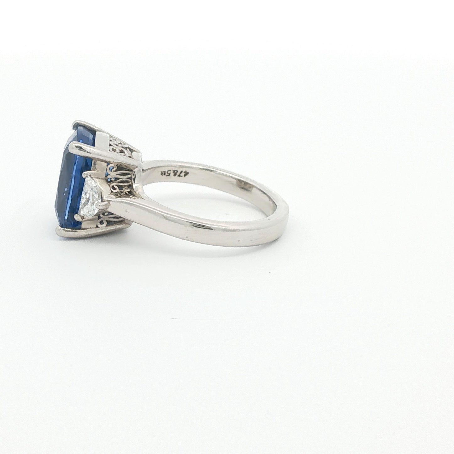 Cushion-Cut Sapphire and Half-Moon Diamond Three-Stone Ring, Platinum