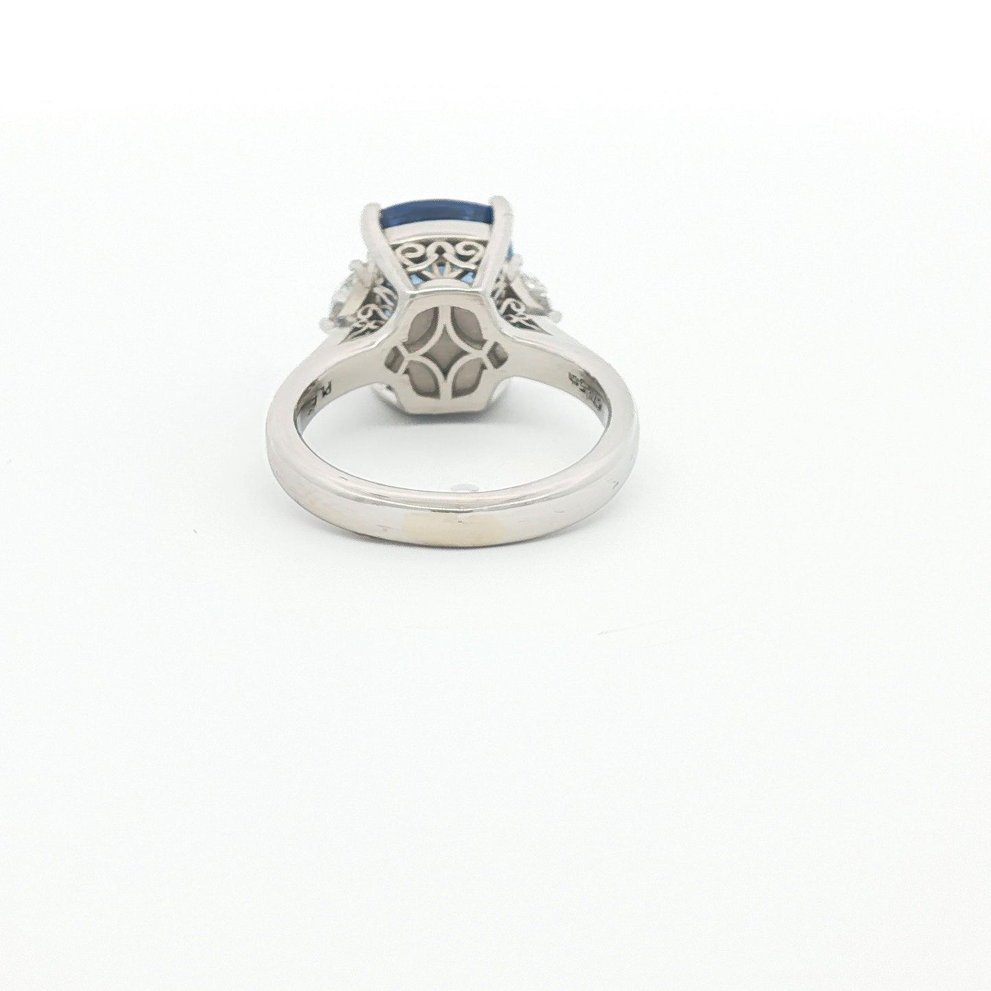 Cushion-Cut Sapphire and Half-Moon Diamond Three-Stone Ring, Platinum