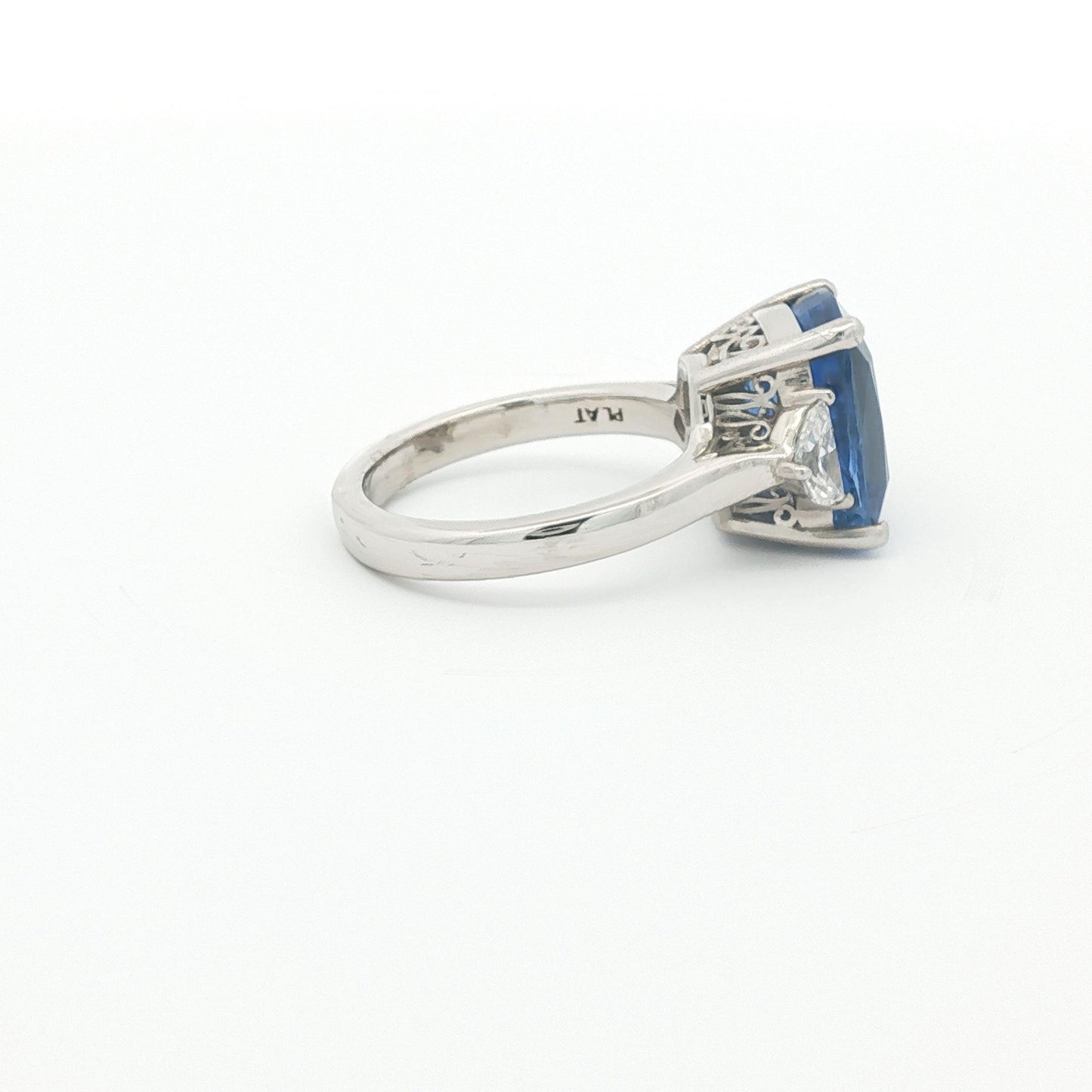 Cushion-Cut Sapphire and Half-Moon Diamond Three-Stone Ring, Platinum