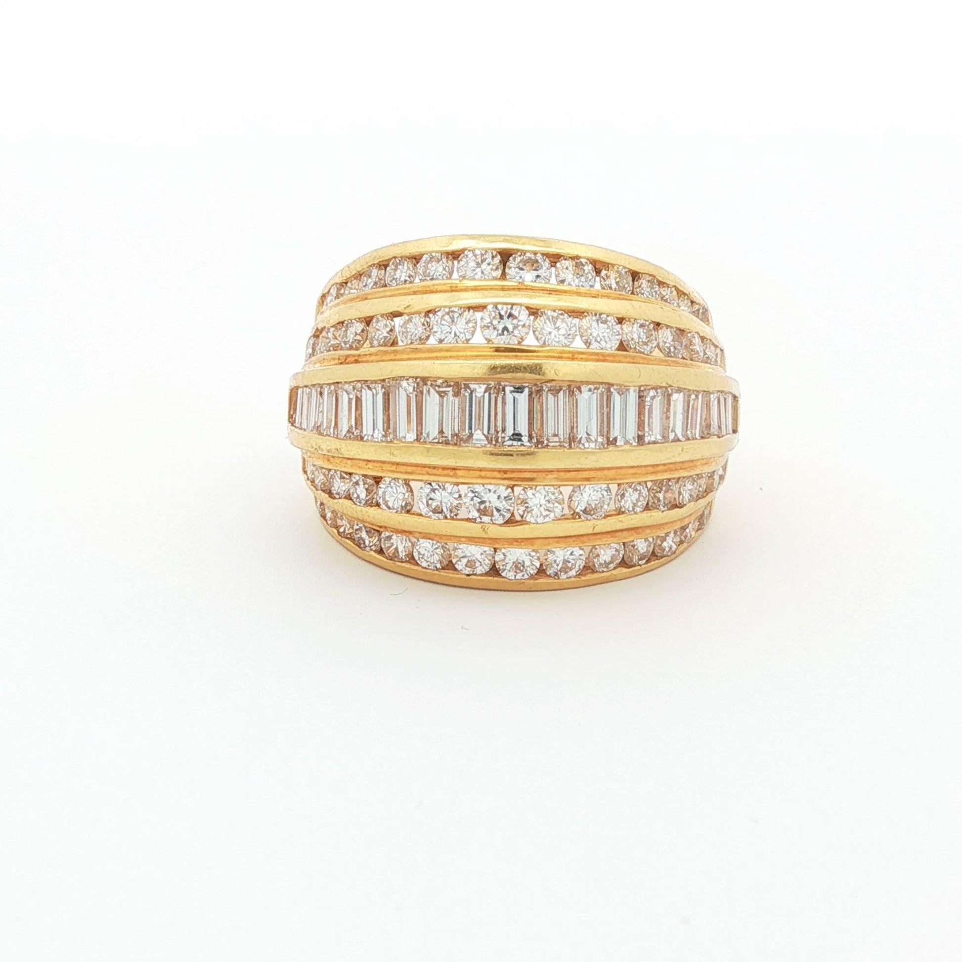 Five-Row Baguette and Round Brilliant Diamond Bombé Ring, 18K Yellow Gold