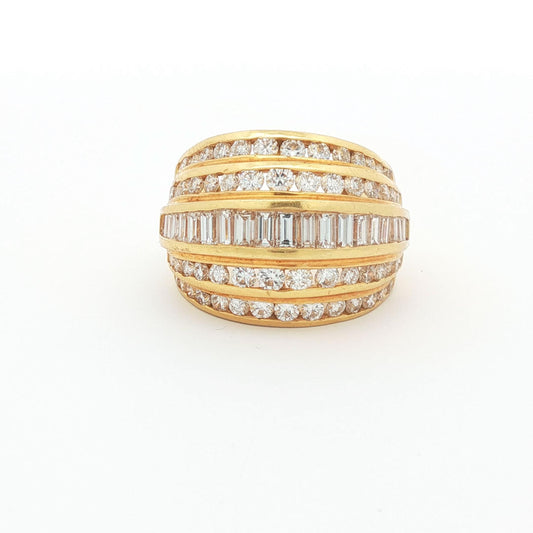 Five-Row Baguette and Round Brilliant Diamond Bombé Ring, 18K Yellow Gold