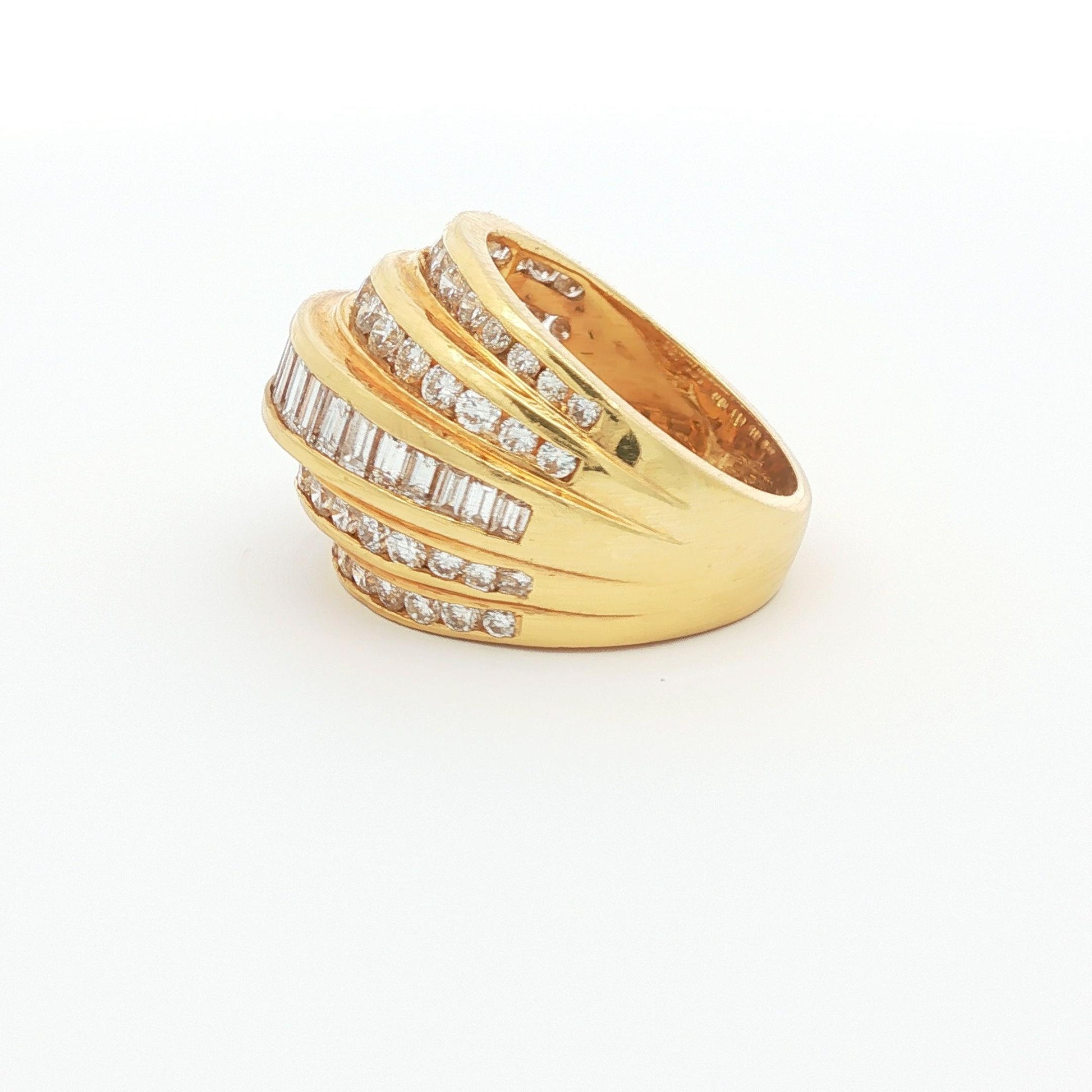 Five-Row Baguette and Round Brilliant Diamond Bombé Ring, 18K Yellow Gold