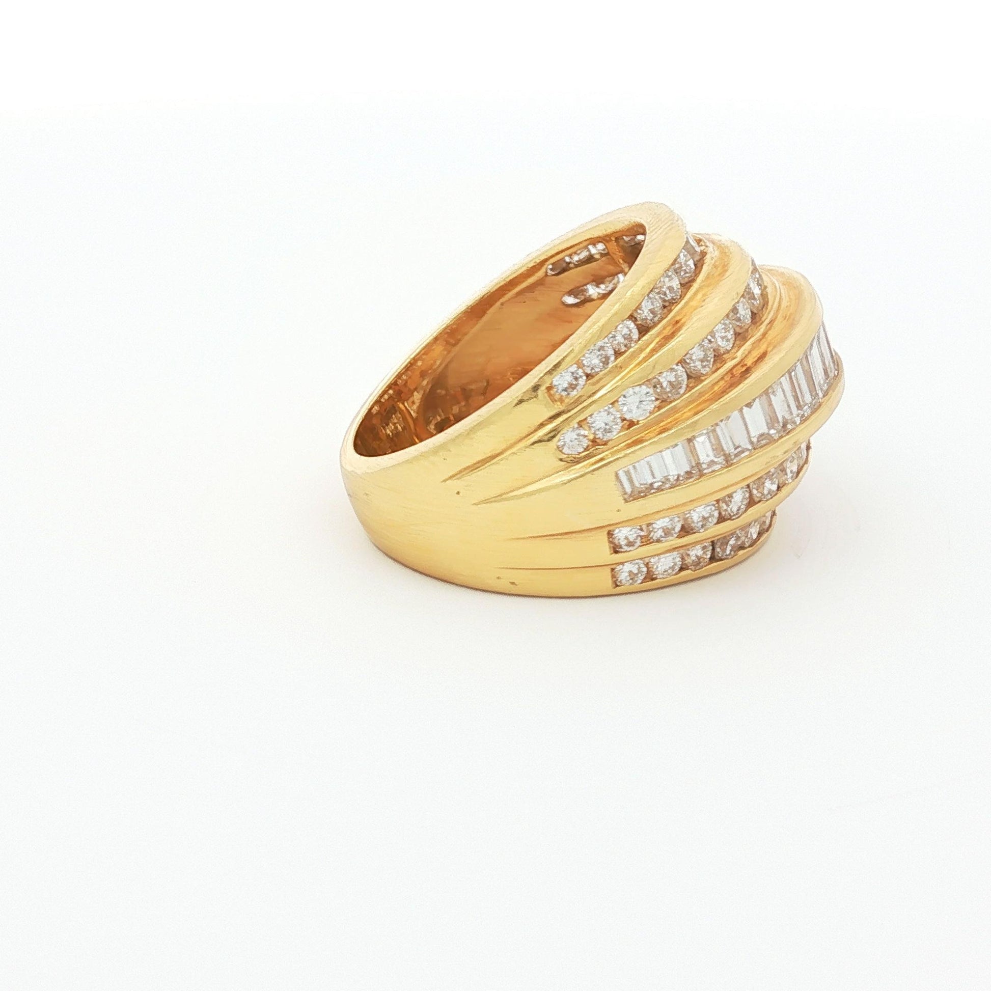 Five-Row Baguette and Round Brilliant Diamond Bombé Ring, 18K Yellow Gold