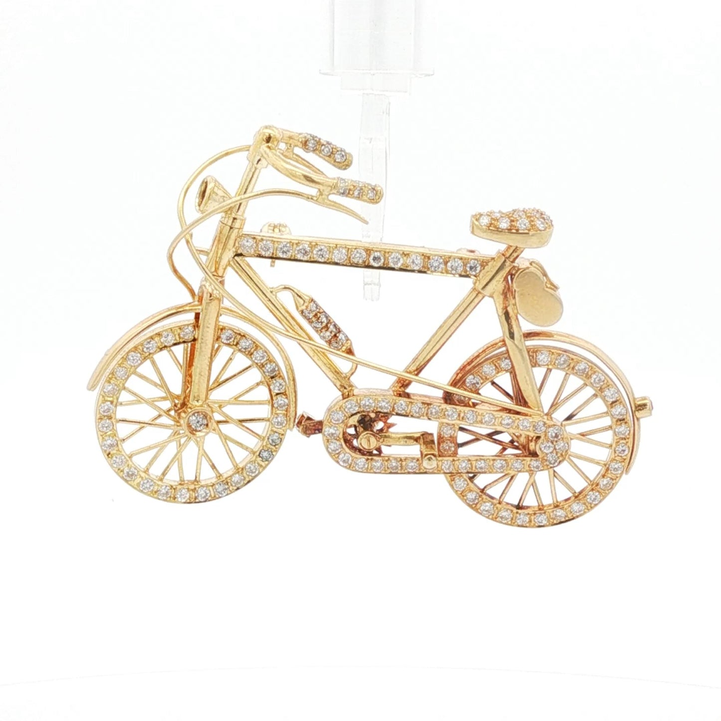 Vintage 1970s 18K Gold, Diamond, and Ruby Bicycle Brooch with Articulated Wheels