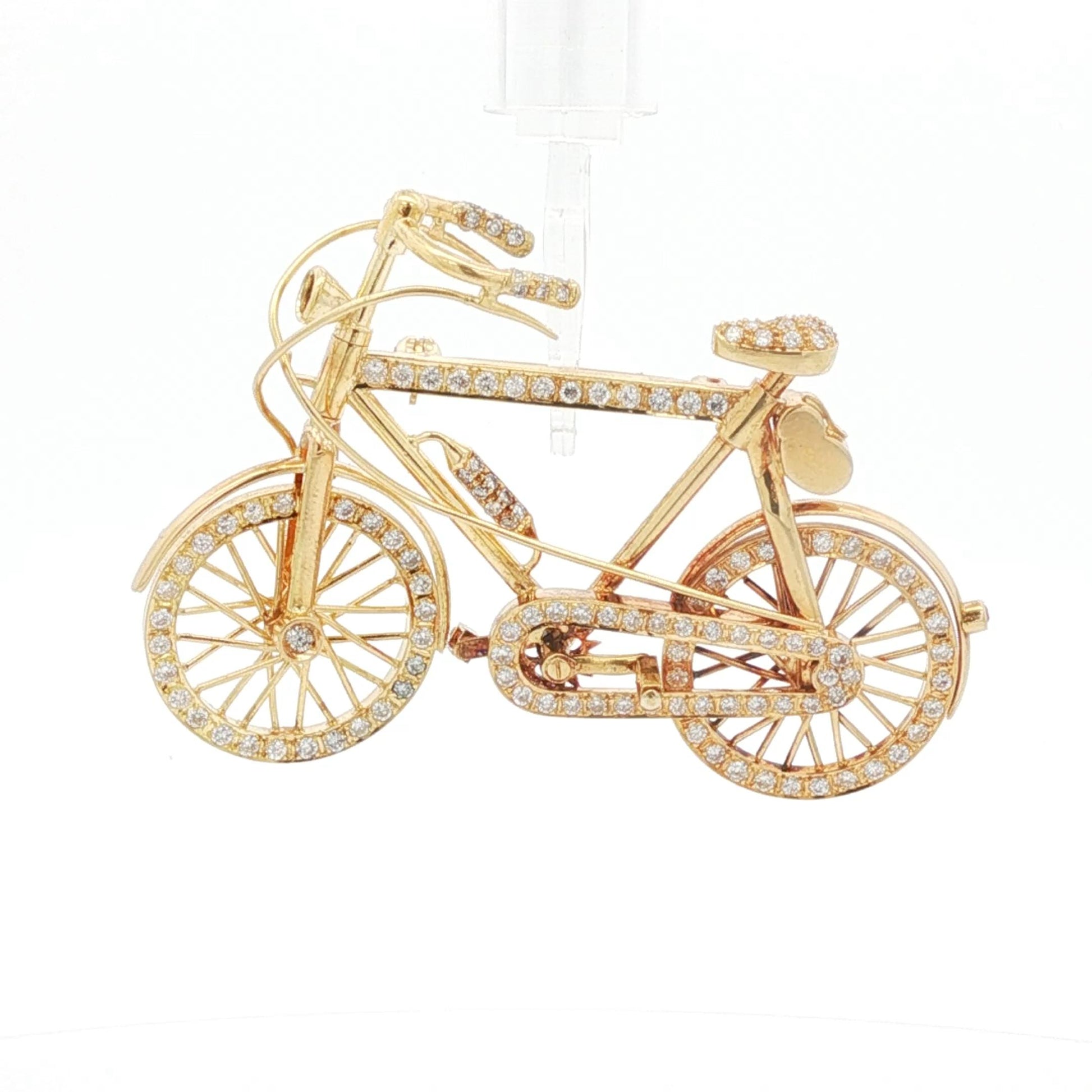 Vintage 1970s 18K Gold, Diamond, and Ruby Bicycle Brooch with Articulated Wheels