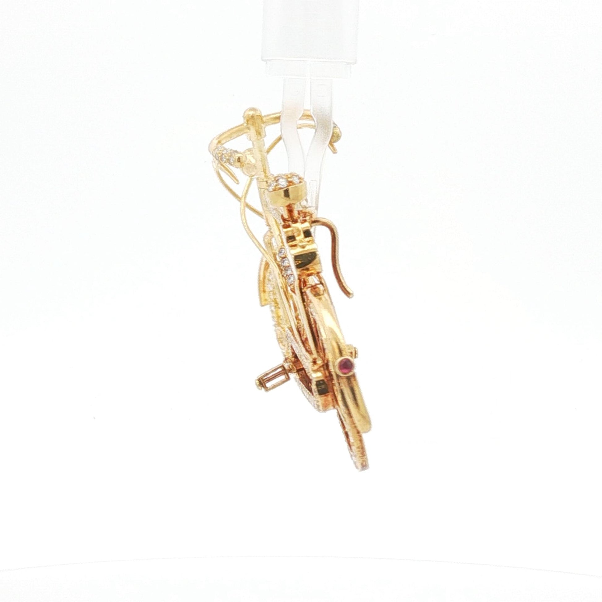 Vintage 1970s 18K Gold, Diamond, and Ruby Bicycle Brooch with Articulated Wheels