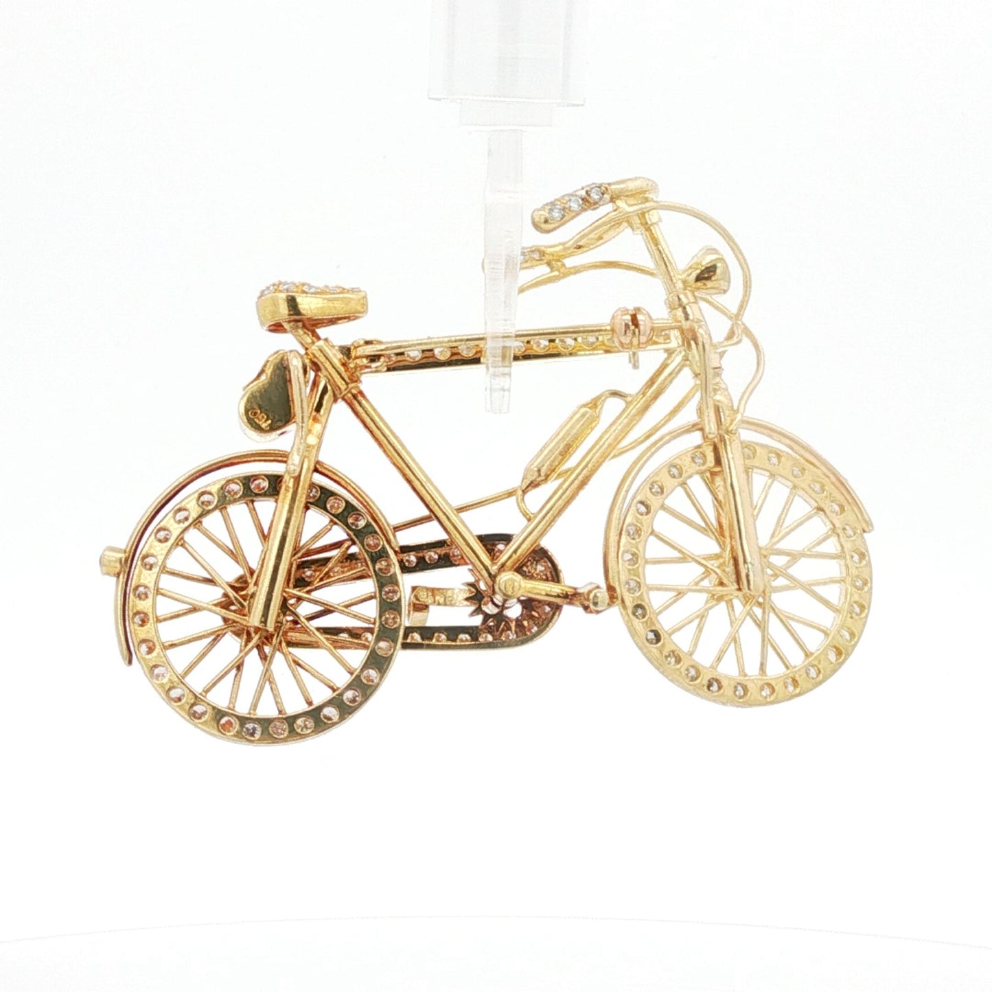 Vintage 1970s 18K Gold, Diamond, and Ruby Bicycle Brooch with Articulated Wheels