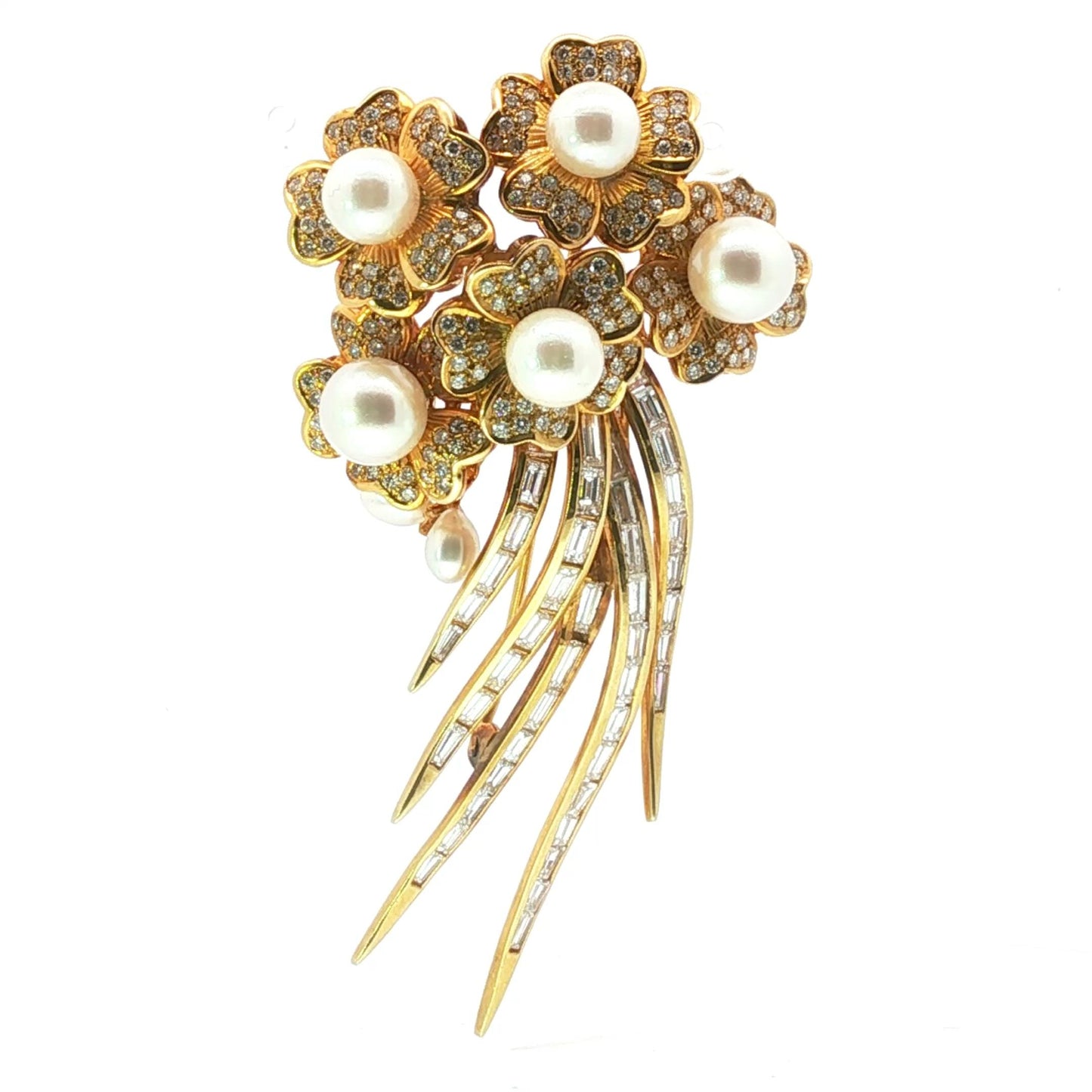 Vintage 1980s 18K Gold, Pearl, Diamond, and Baguette Diamond Floral Spray