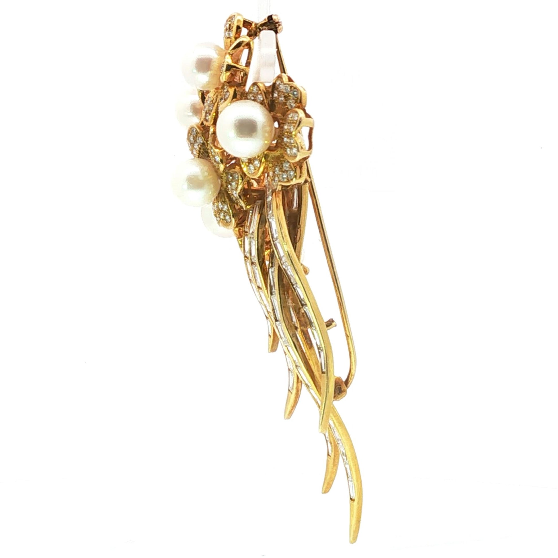 Vintage 1980s 18K Gold, Pearl, Diamond, and Baguette Diamond Floral Spray