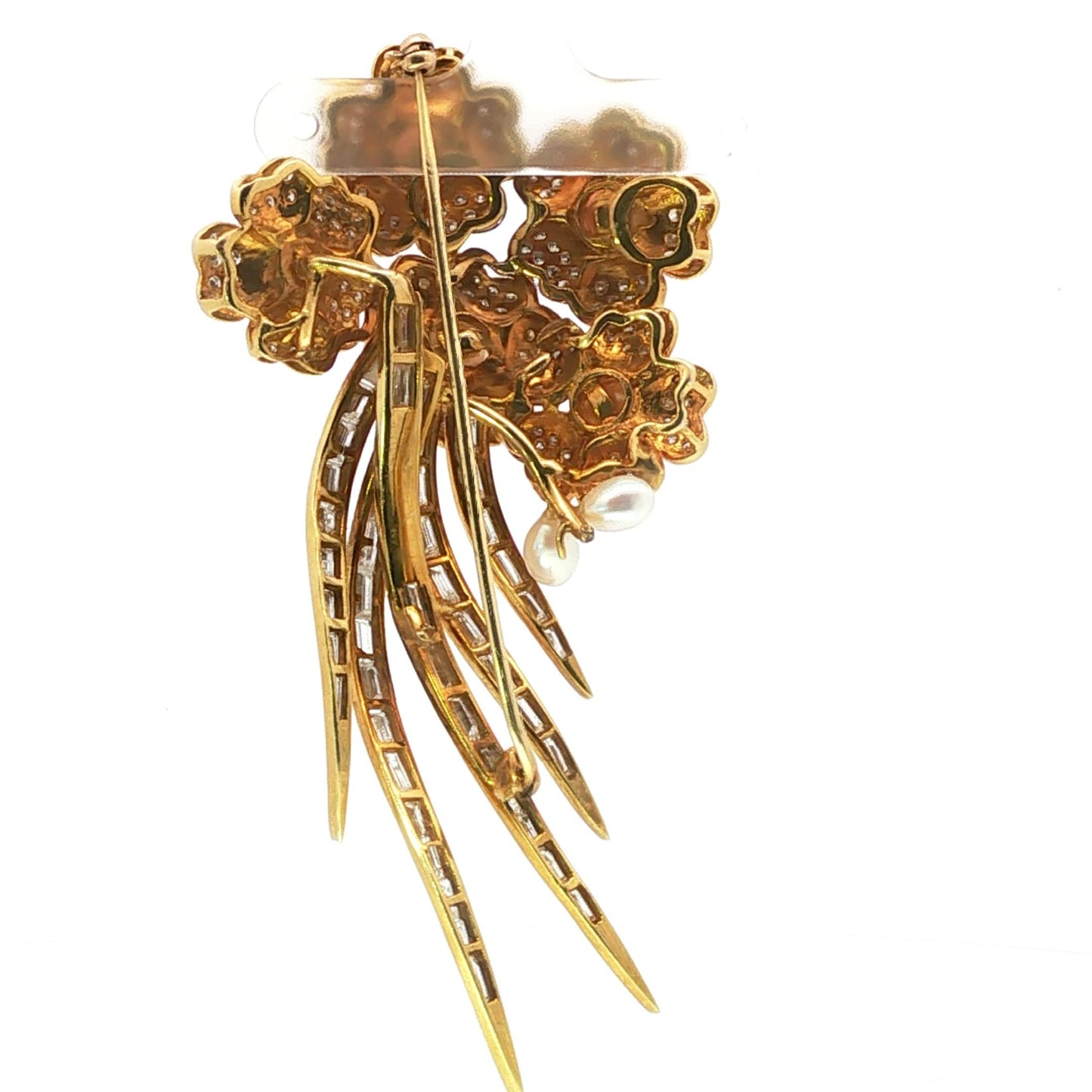 Vintage 1980s 18K Gold, Pearl, Diamond, and Baguette Diamond Floral Spray