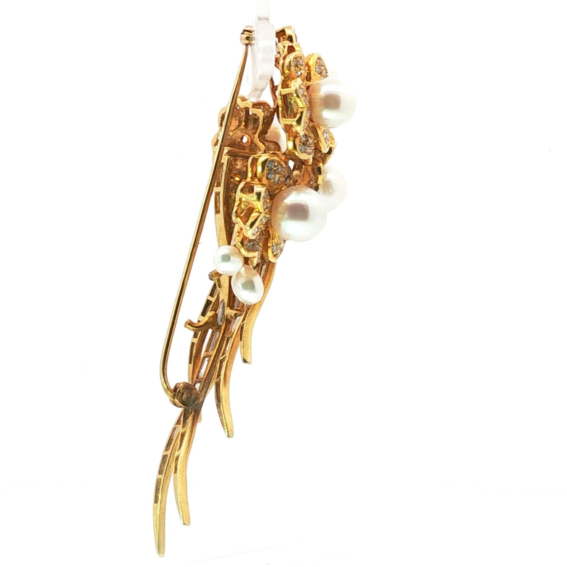 Vintage 1980s 18K Gold, Pearl, Diamond, and Baguette Diamond Floral Spray