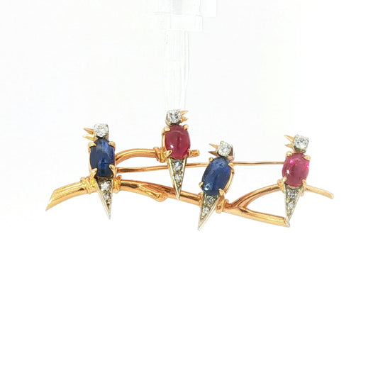 Chatting on the Branch! 18K Gold Ruby, Sapphire, and Diamond Four-Bird Brooch