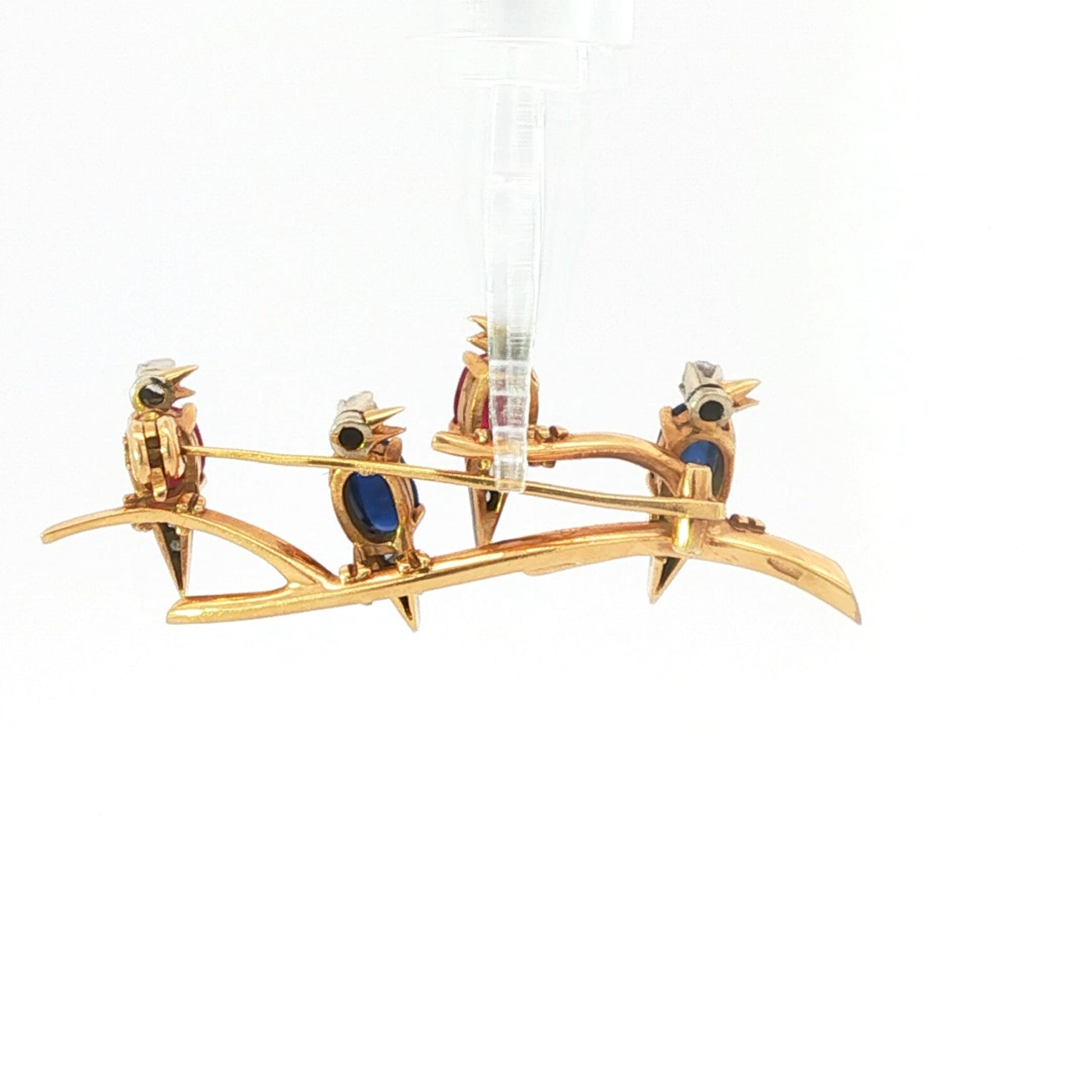 Chatting on the Branch! 18K Gold Ruby, Sapphire, and Diamond Four-Bird Brooch