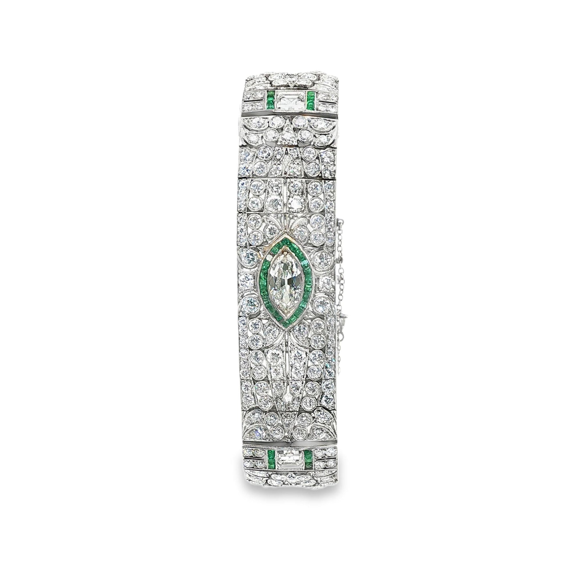 Vintage 1925 Marquise Diamond and Emerald Platinum Bracelet
