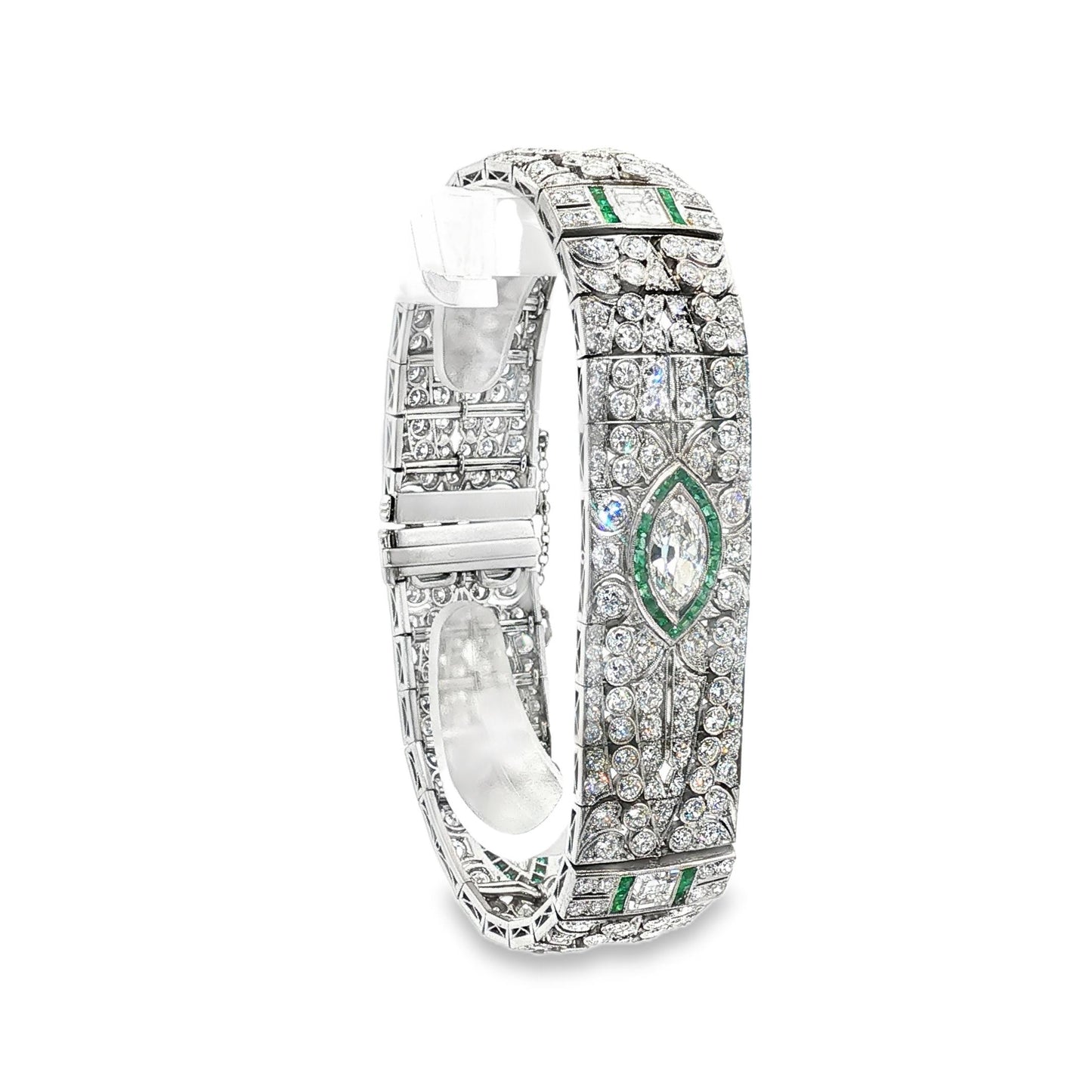 Vintage 1925 Marquise Diamond and Emerald Platinum Bracelet