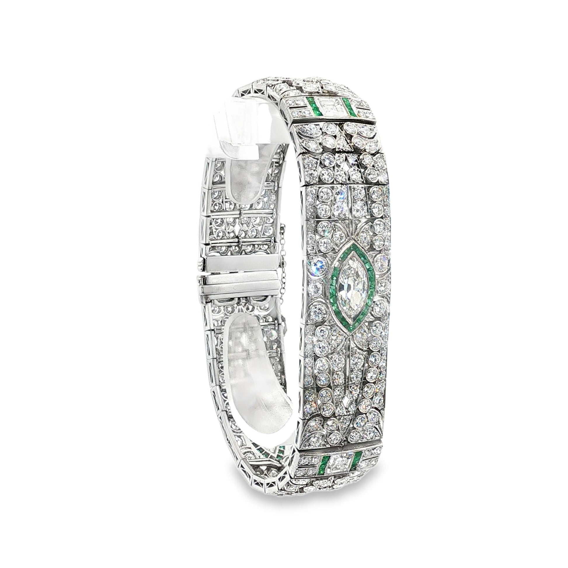 Vintage 1925 Marquise Diamond and Emerald Platinum Bracelet