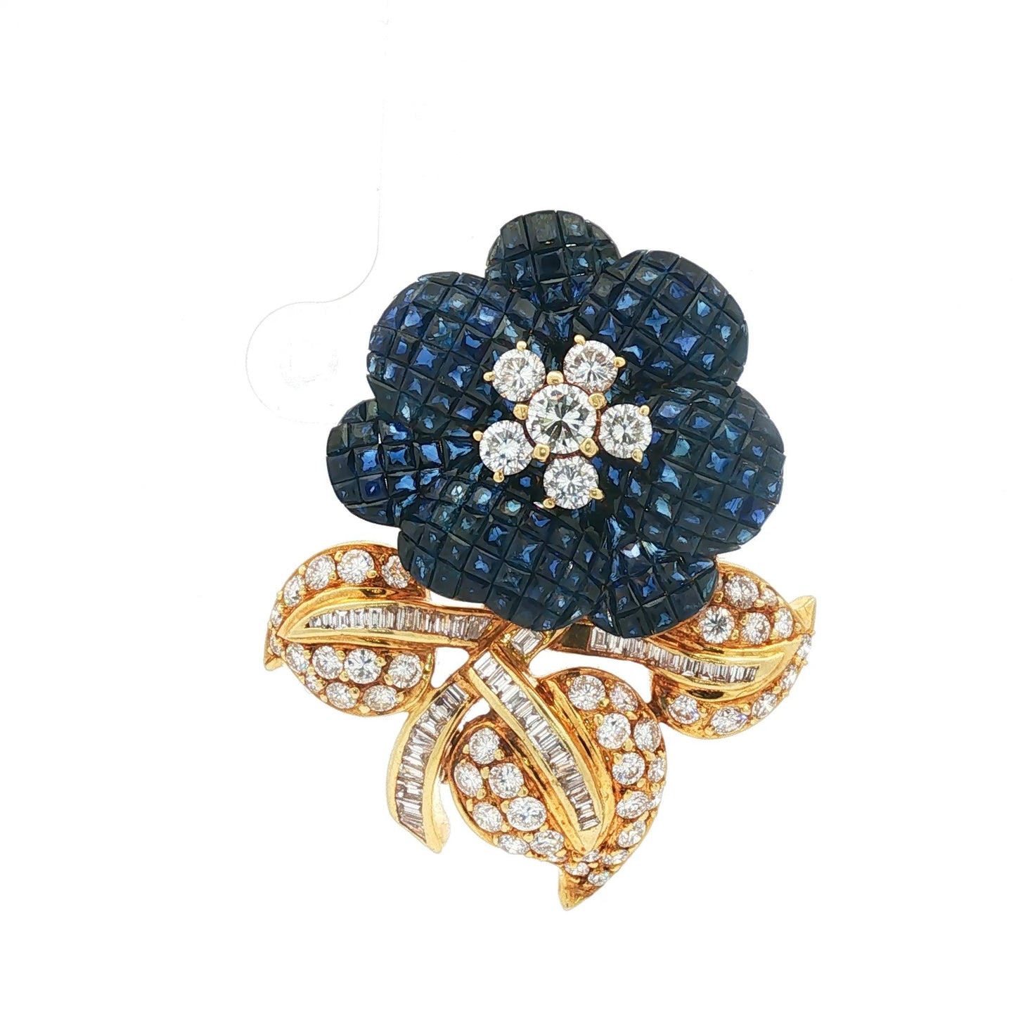 1960s 18K Mystery-Set Sapphire Flower Brooch With Diamond Leaf and Stem
