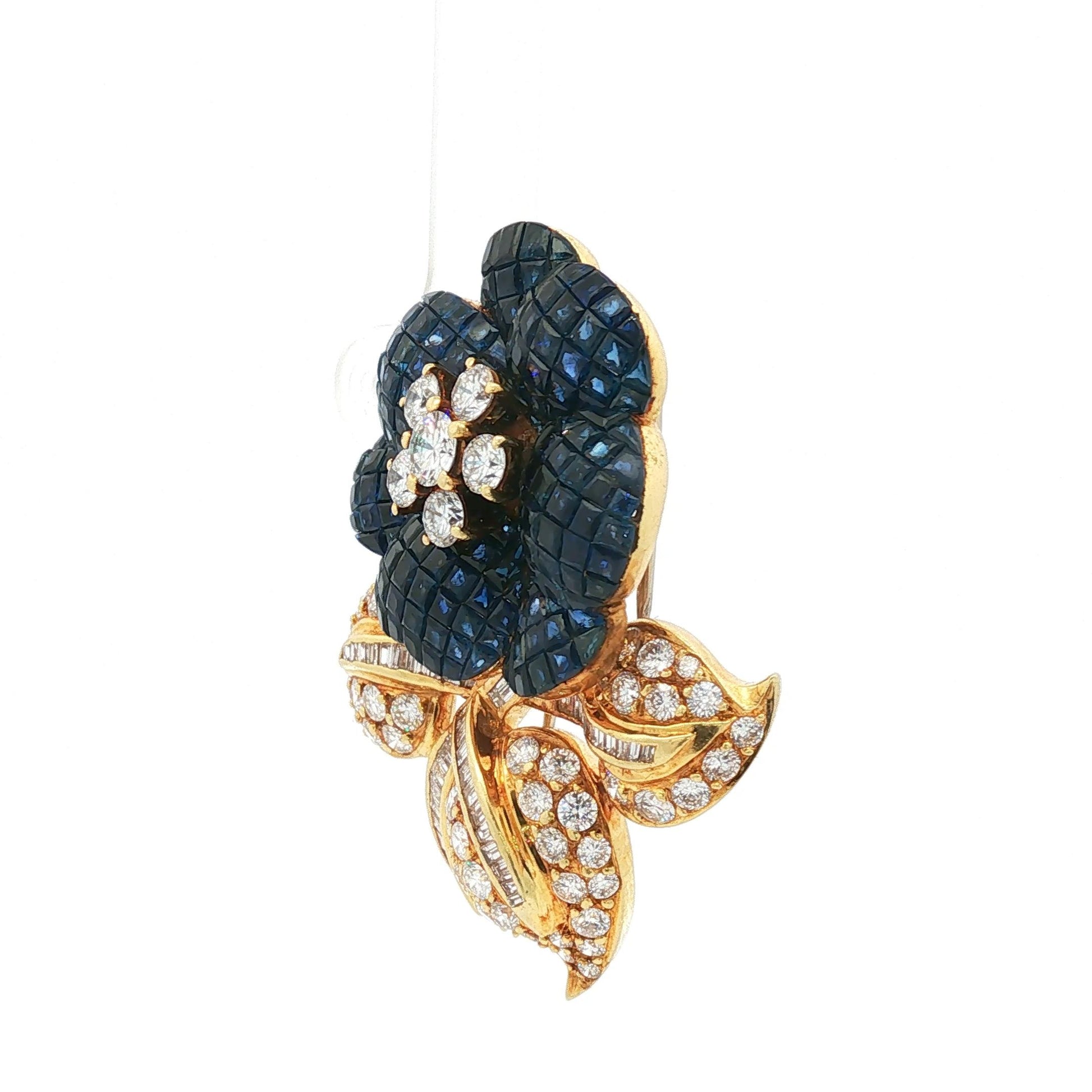 1960s 18K Mystery-Set Sapphire Flower Brooch With Diamond Leaf and Stem