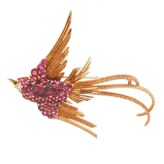 J. Rossi Ruby and Diamond Bird-in-Flight Brooch in 18k Yellow Gold