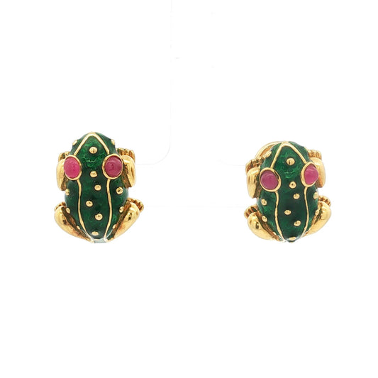 Green Enamel Frog Clip Earrings with Ruby Cabochon Eyes
