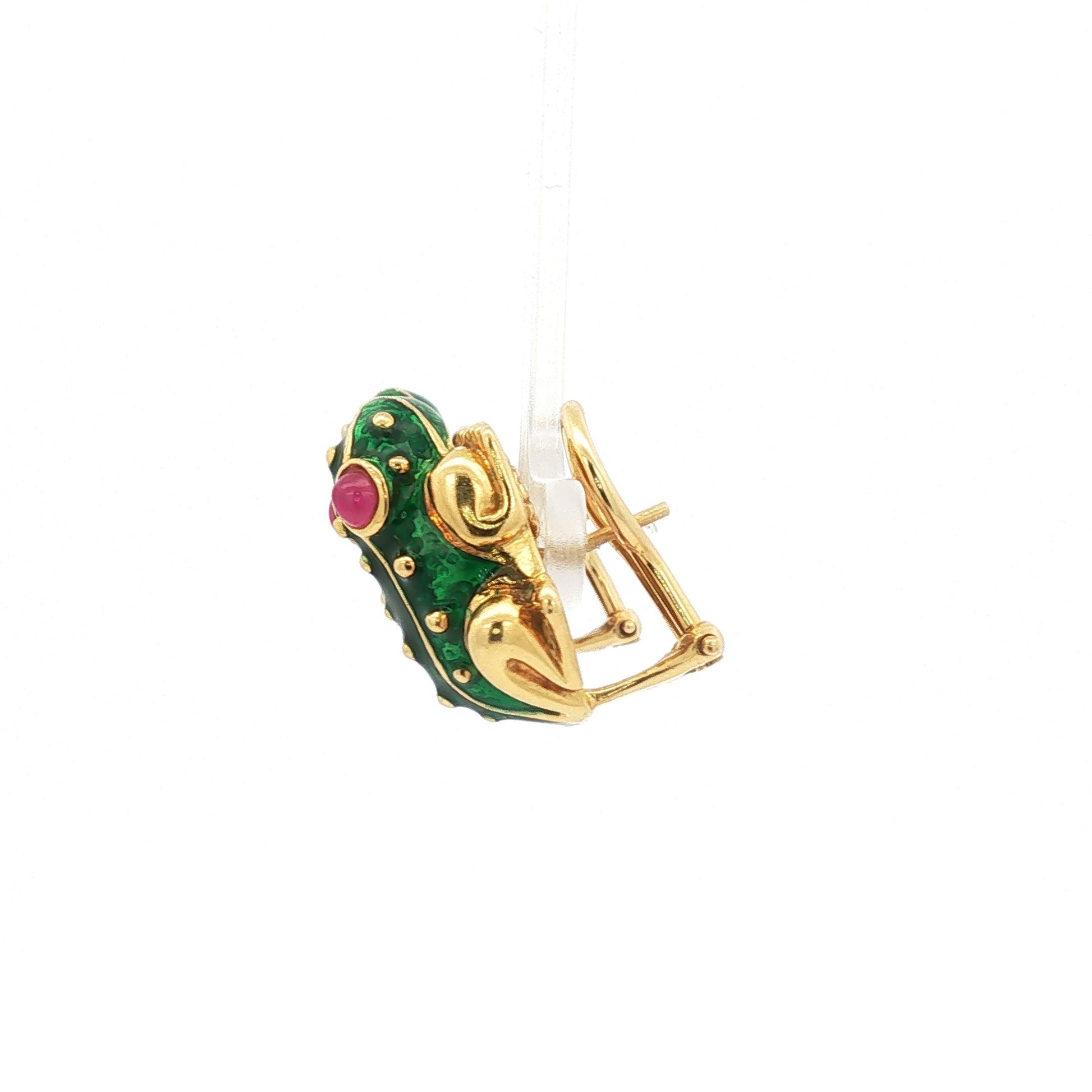 Green Enamel Frog Clip Earrings with Ruby Cabochon Eyes